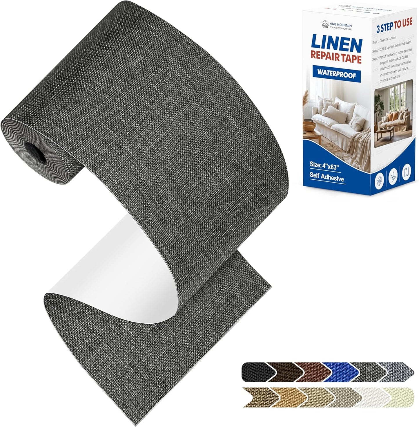 KING MOUNTAIN Linen Repair Patches, Self-Adhesive Fabric Patches, 4 X 63 inch Extra Size, Multi Color, Can be Used for Sofa Repair and Linen Clothes Repair (Dark Grey2.0)