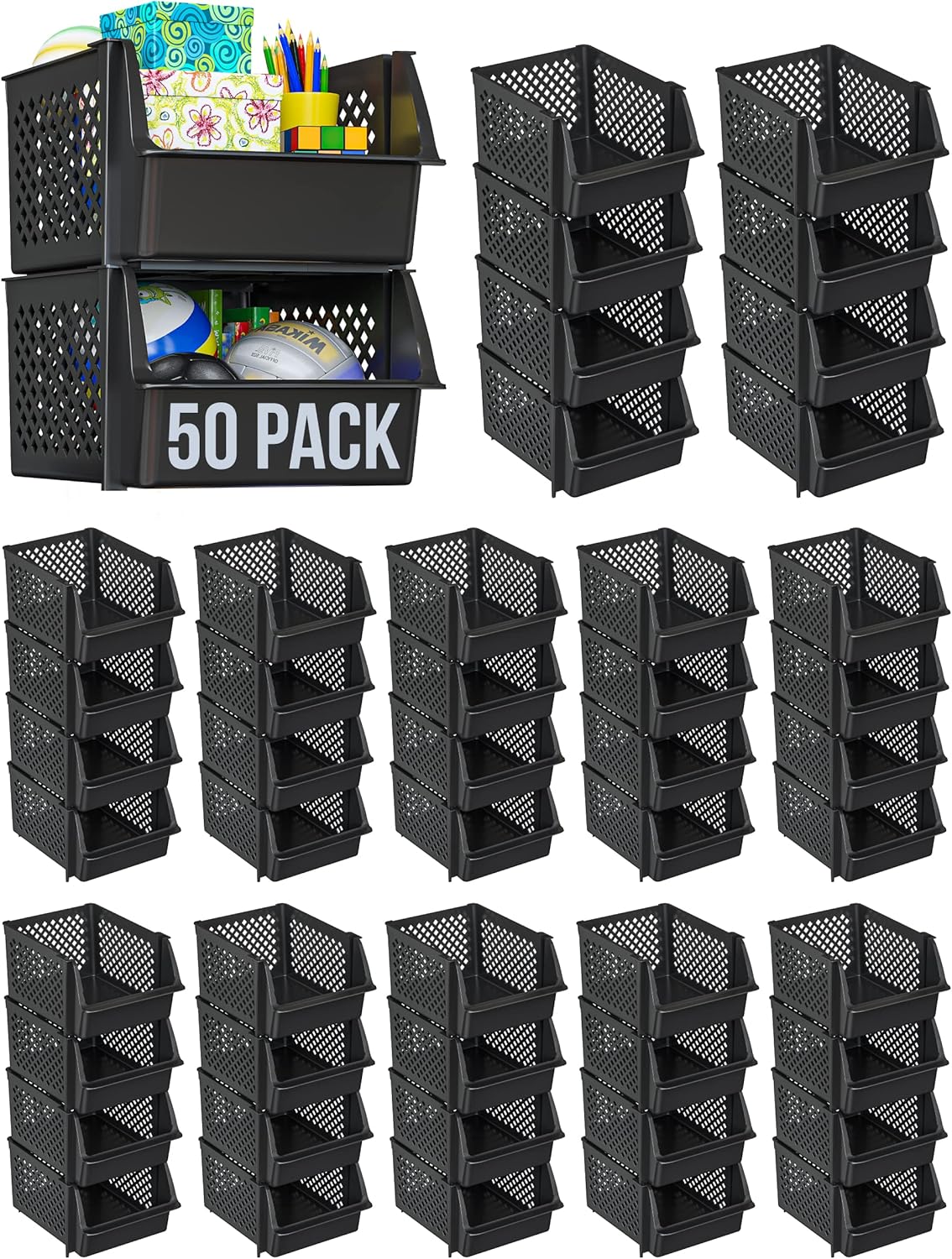 Skywin Plastic Stackable Storage Bins for Pantry - Stackable Bins for Organizing Food, Kitchen, and Bathroom Essentials (Black - 50 Pack)