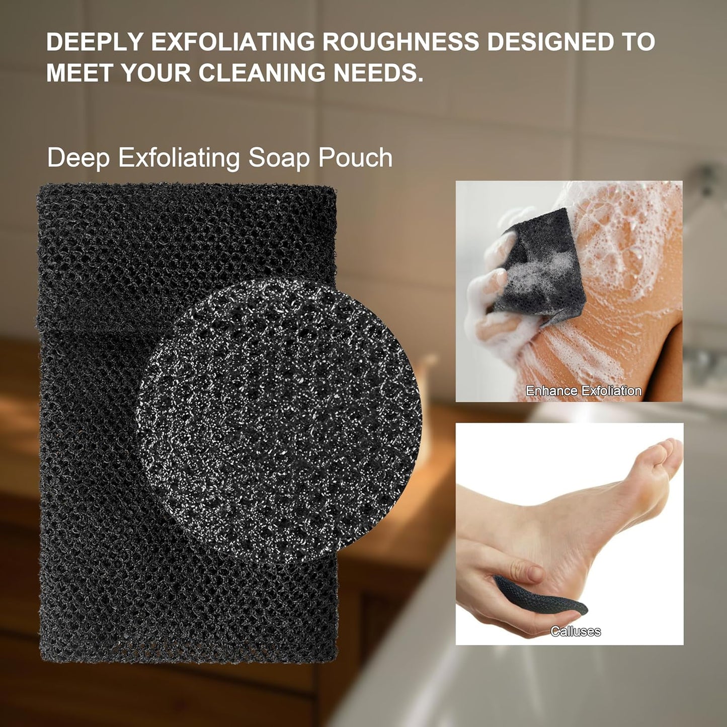 2 Pack Soap Bag Deep Roughness,Bar Soap Pouch Saver Pocket,Body Scrubber Shower Sponge Loofah,Exfoliating Bath Sponge (Black)
