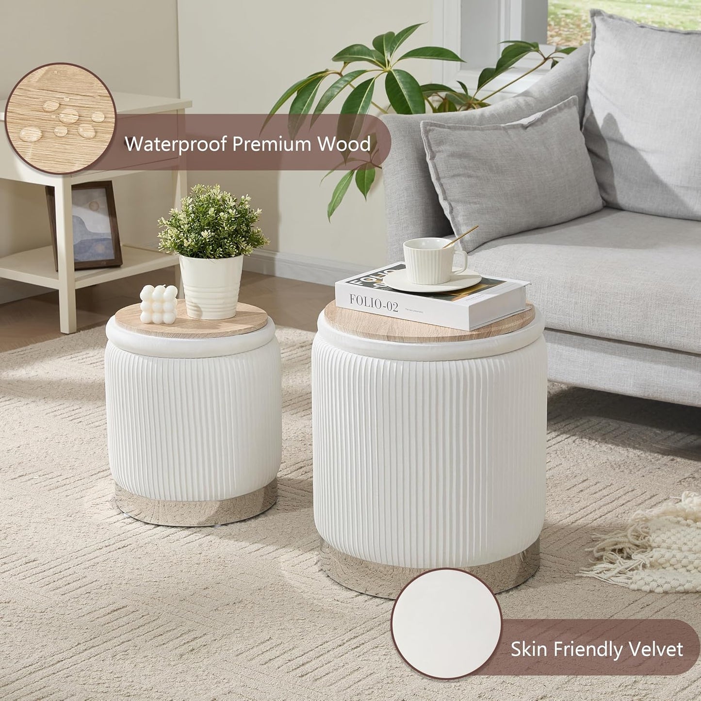 Royal Windsor Round Ottoman with Storage Set of 2, Vanity Stool with Storage for Bedroom, Ottoman Coffee Table Silver-Tone Ring Around The Base, Small Velvet Foot Stool for Living Room, White