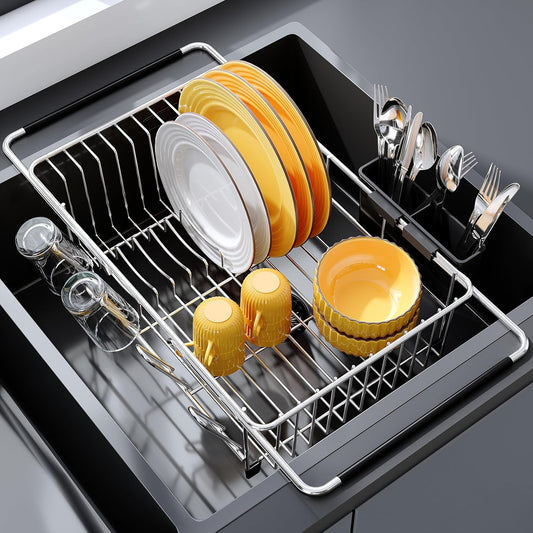 Over the Sink Expandable Dish Drainer Drying Rack In Stainless Steel for Small Kitchen, Counter Space Saving Modern Compact Metal Above Plate Dryer Strainer, Adjustable Hanging Inside Drain Holder