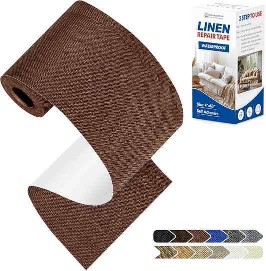 KING MOUNTAIN Linen Repair Patches, Self-Adhesive Linen Fabric Patches, 4 X 63 inch Extra Size, Multi Color, Can be Used for Linen Sofa Repair and Linen Clothes Repair (Medium Brown)