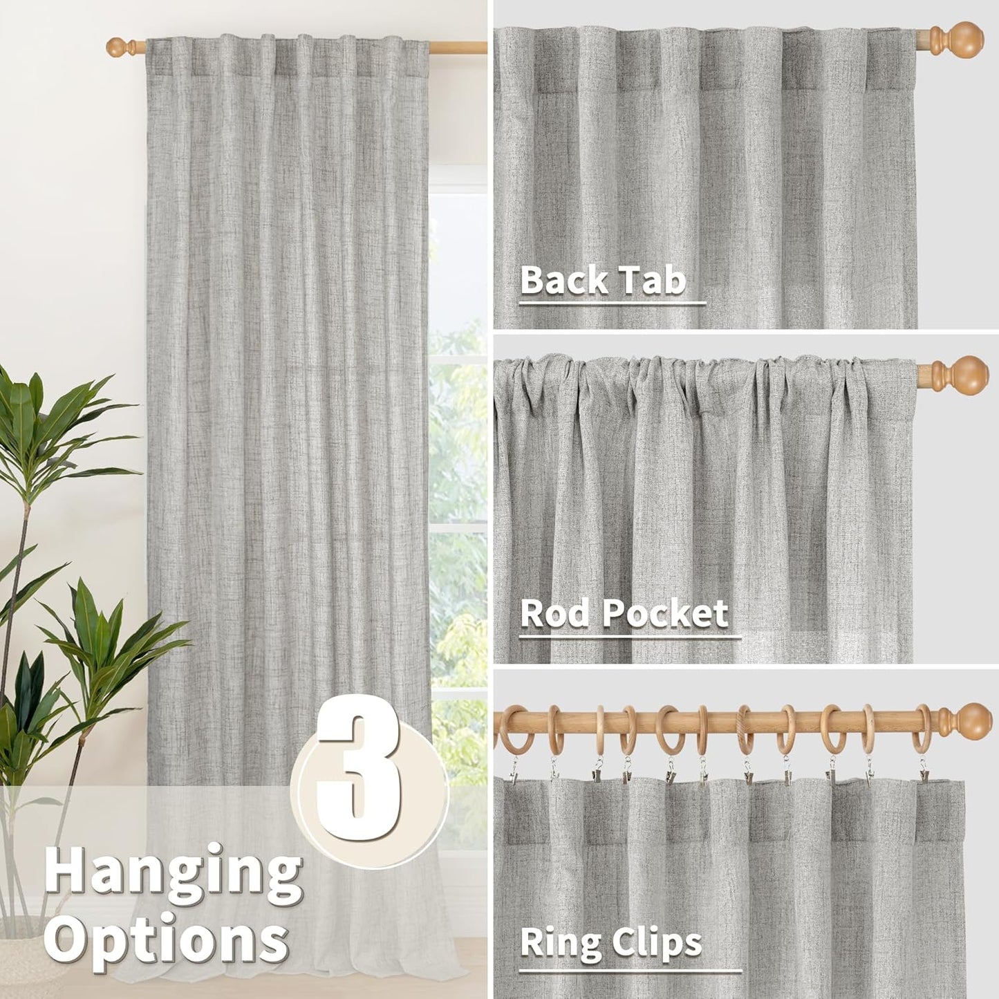 YoungsTex Dark Grey Linen Curtains 72 Inch Long 2 Panels for Living Room, Back Tab Rod Pocket Semi Sheer Window Drapes Light Filtering Textured for Bedroom Dining, 42 X 72 Inch
