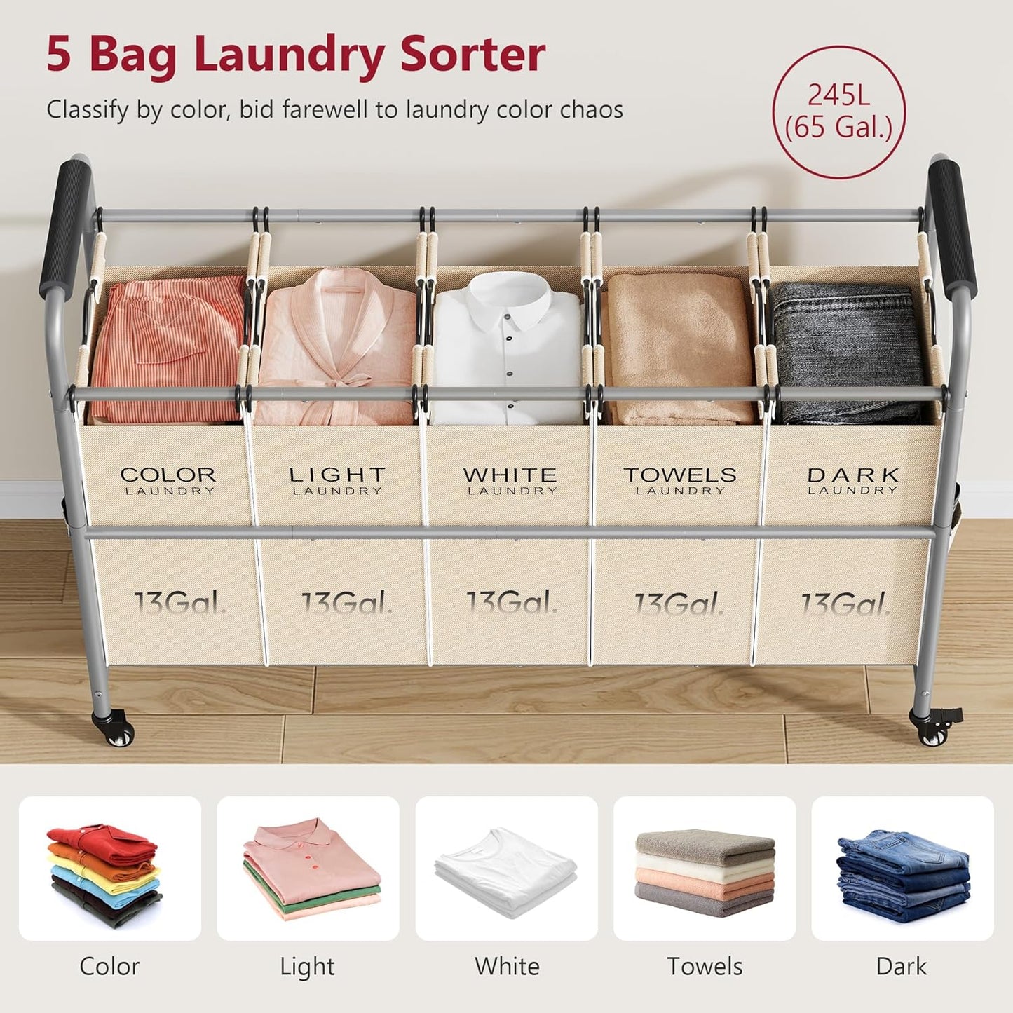 Tajsoon Laundry Sorter 5 Sections, Laundry Hamper with Heavy Duty Lockable Wheels and Removable Bags, 5 Bag Rolling Laundry Sorter Cart for Dirty Clothes Storage, Laundry Separator Hamper, Beige