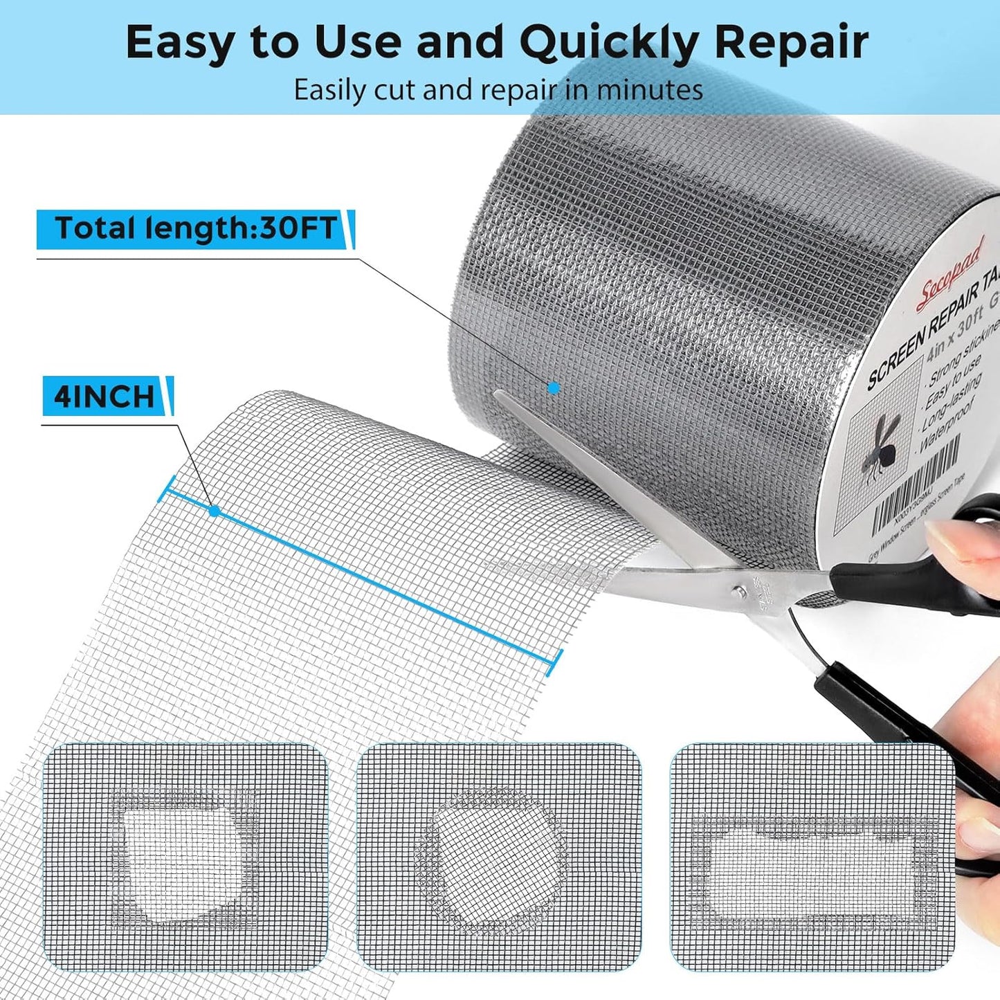 Grey Window Screen Repair Kit, 4 in X 30 FT (360IN) Screen Repair Tape for Windows or Doors, Strong Adhesive Fiberglass Mesh Patch Tape