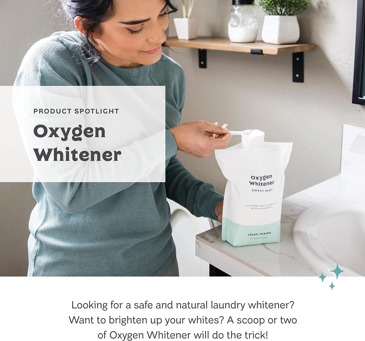 Clean Mama Natural Oxygen Whitener and Stain Remover - Color-Safe Natural Bleach Alternative - Plant-Derived Oxygen Powder, Whitens & Brightens Whites and Colors - Sweet Mint, 2.53 lbs