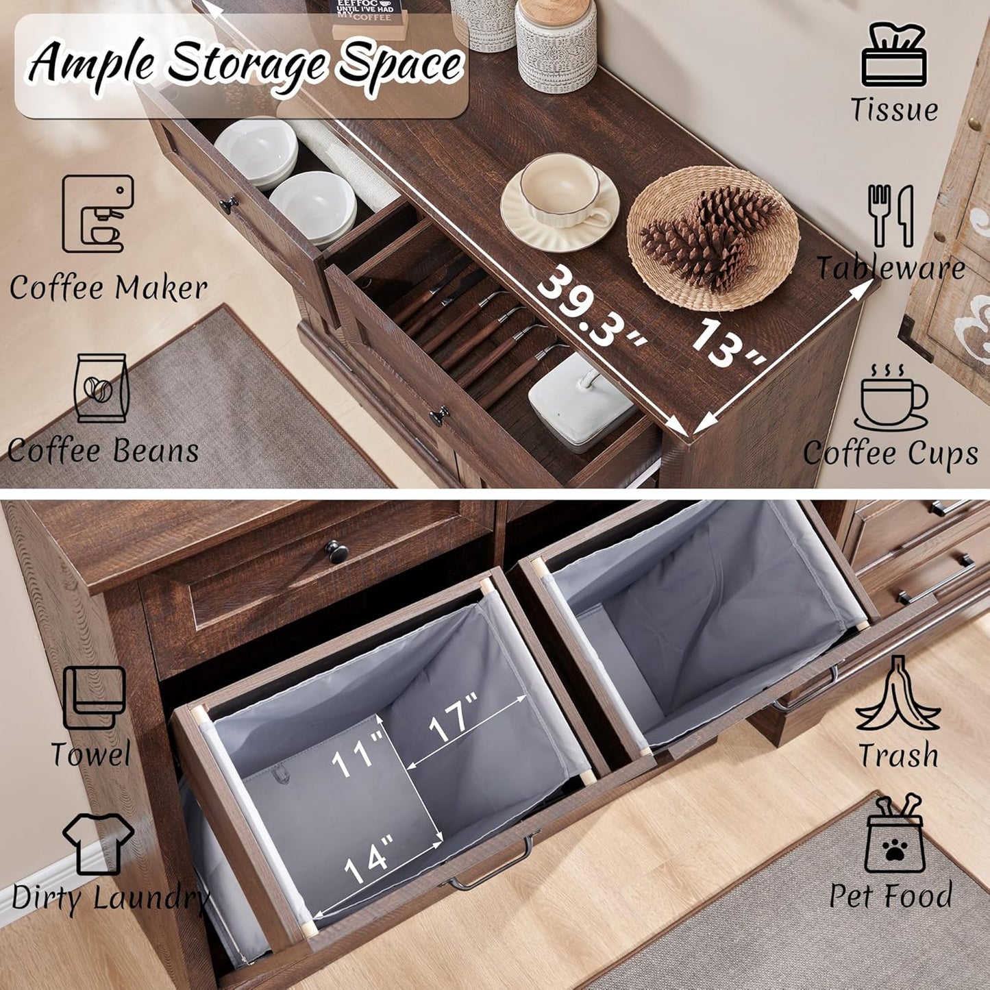 Double Tilt Out Laundry Hamper Cabinet, 20 Gallon Farmhouse Trash Can Cabinet with Drawer, Hidden Wood Garbage Can Bin Cabinet with Laundry Storage Basket for Bathroom, Kitchen, Brown