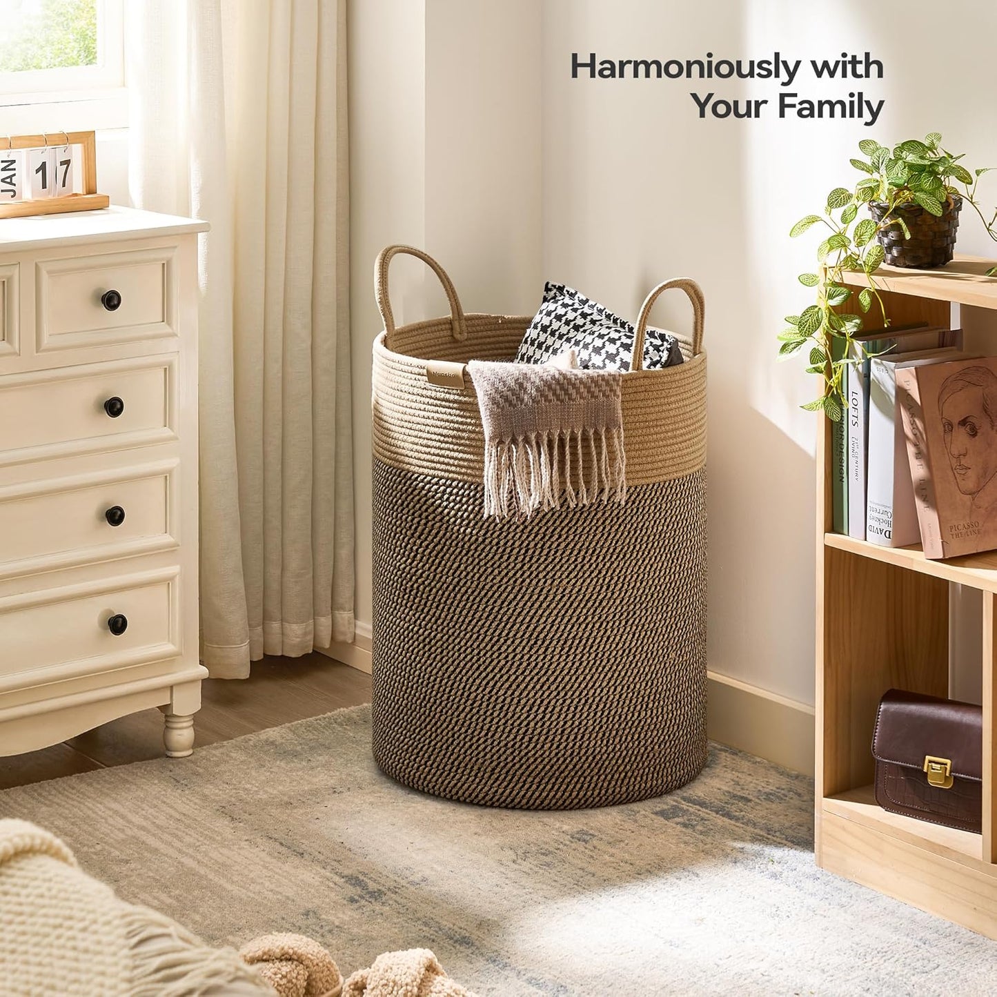 Laundry Hamper 95L,Large Laundry Basket for Clothes,Decorative Storage Basket for Blankets,Cotton Rope Woven basket for bedroom,Dark Brown