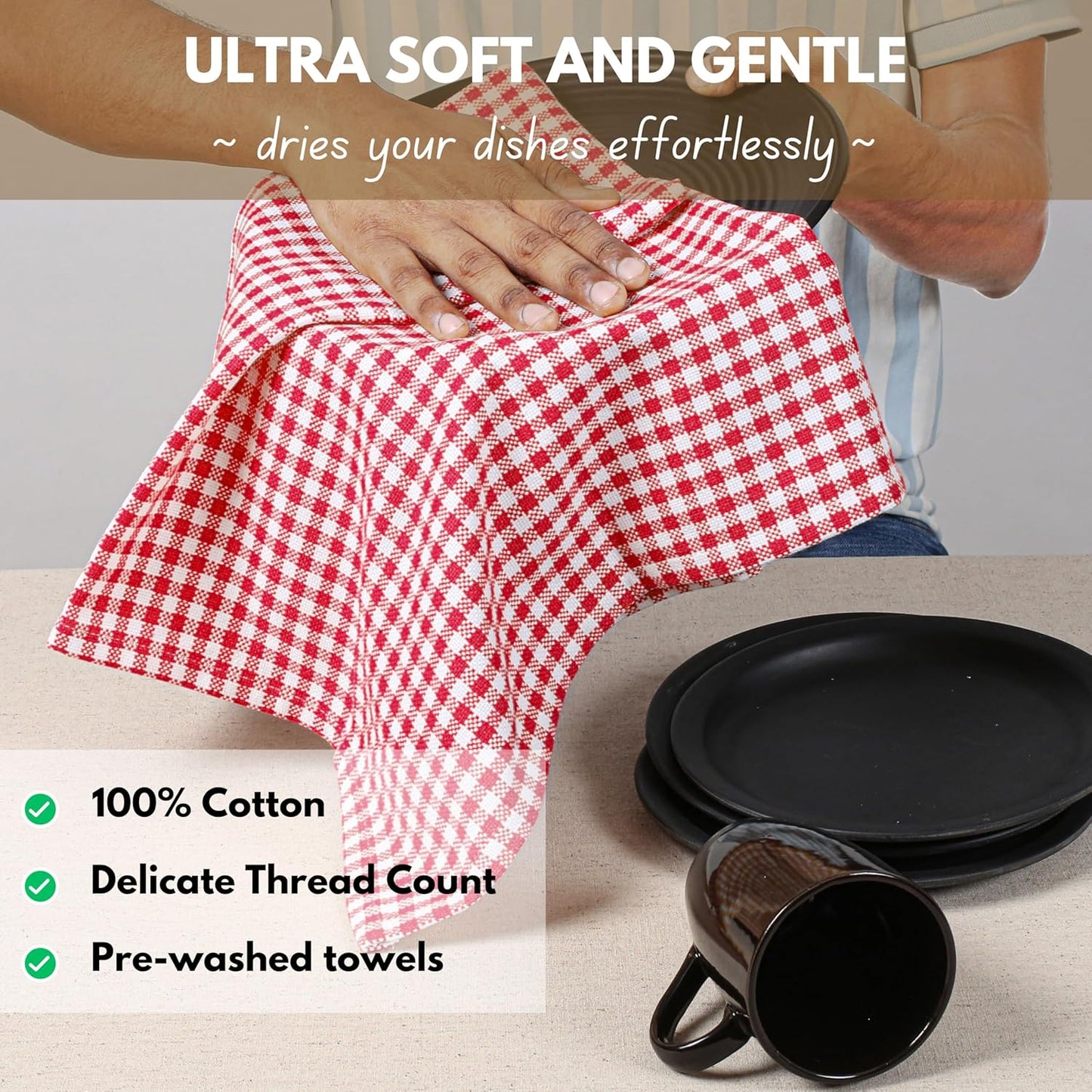 Native Fab Gingham Cotton Kitchen Towel 4 Pack 16"x26" - Absorbent Tea Linen Towels, Dish Cloths, Restaurant Cleaning Towel, Dish Towels with Hanging Loop, Red White