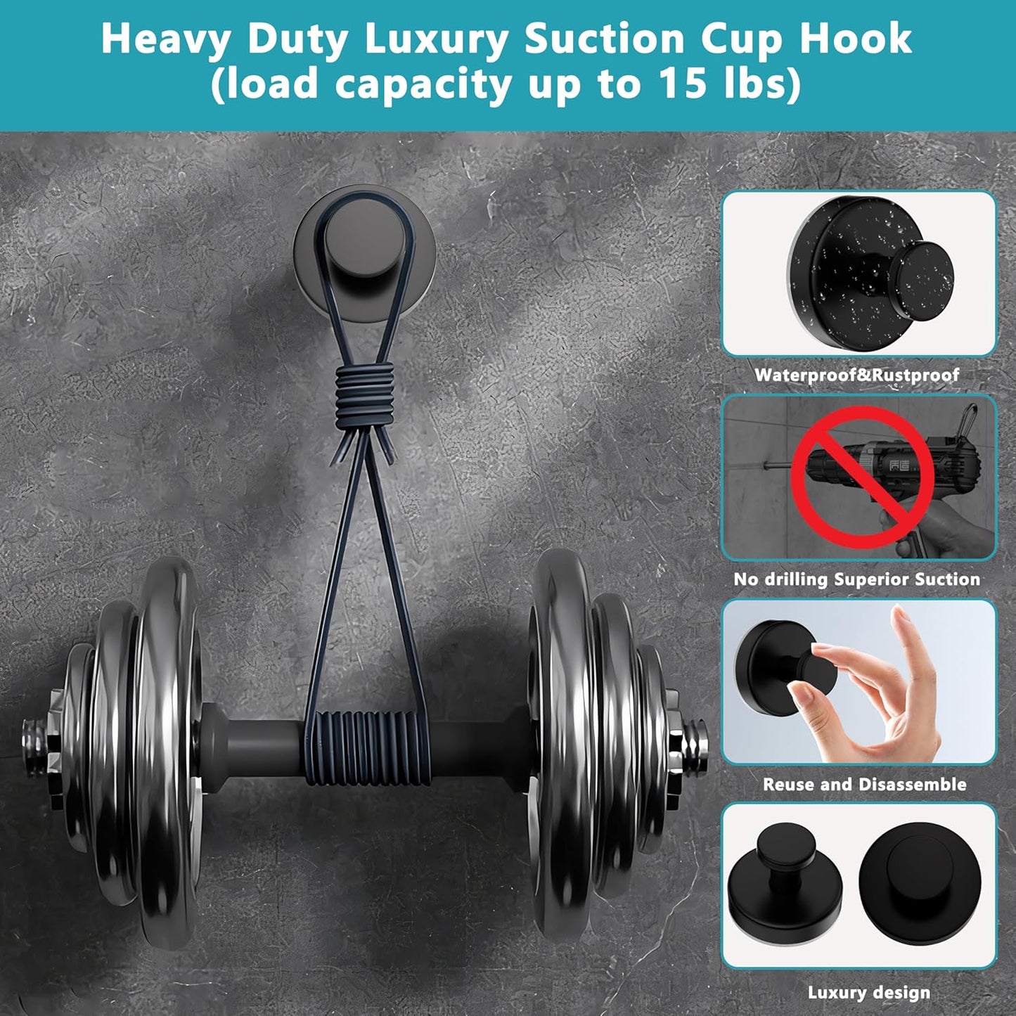 Suction Cup Hooks for Shower,Removable No Drill Towel Hooks,Upgraded 15 lbs Strong Suction hooks for Bathroom Tile,Shower Wall,Glass Door,Kitchen-Loofah,Coat,Stainless Waterproof-Matte Black 2 Pcs