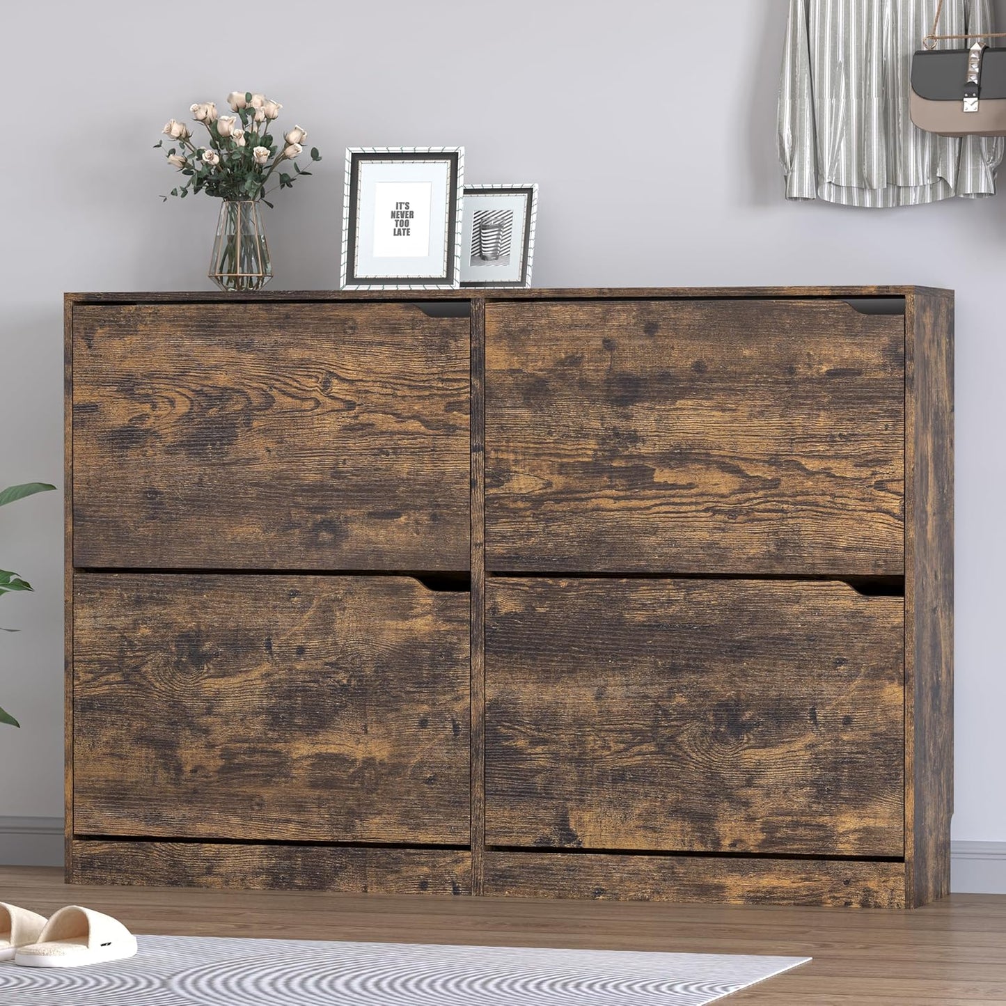 Shoe Cabinet with 4 Flip Drawers, Narrow Hidden Shoe Storage Cabinet, Slim Freestanding Shoe Rack Organizer for Entryway, Hallway, Bedroom, Living Room