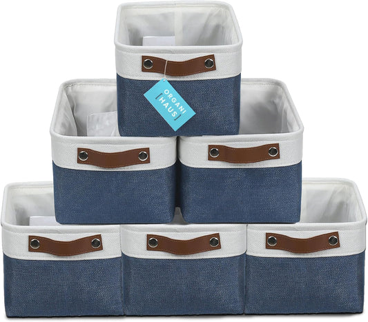 OrganiHaus Small Fabric Storage Baskets for Shelves 6 Pack, 12x8in Closet Storage Bins for Shelves, Cloth Baskets for Organizing, Linen Closet Organizers, Fabric Basket, Navy Blue/White
