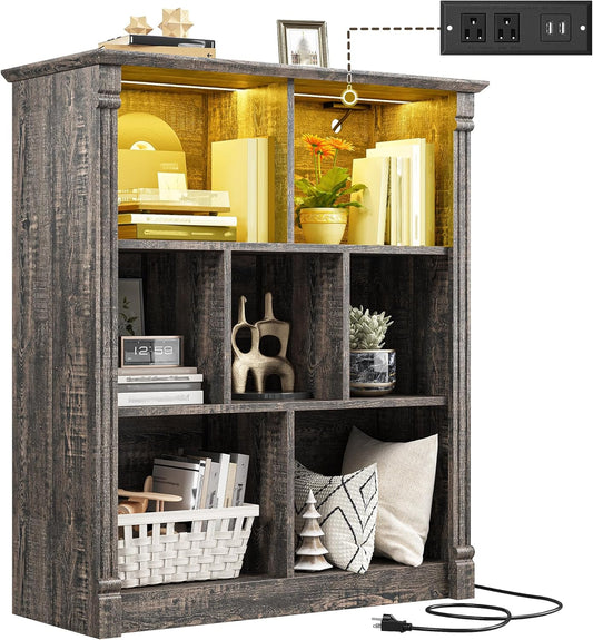 EnHomee 7 Cube Bookshelf Cubby Storage Organizer with LED Lights and Charging Station, Wood Shelf Display Cabinet for Bedroom, Living Room, Office Black Oak