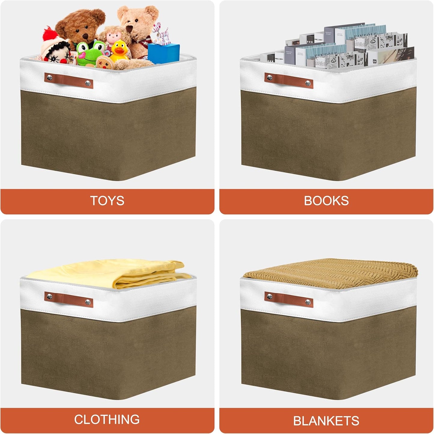 11in Open Fabric Storage Basket with Leather Handles for Organizing, Collapsible Linen Closet Bins for Shelves, Closets, Laundry, Decorative Basket for Gifts. (White＆Brown, 2PCS/11x11in)