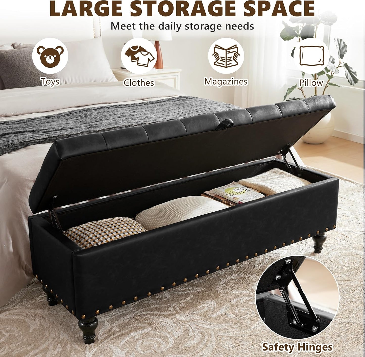 51.8’’ Storage Ottoman Bench, Faux Leather Ottoman with Storages, Window Benches Holds up to 330lbs, Upholstered Storage Bench for Bedroom, Living Room, Entryway and Family Room, Black