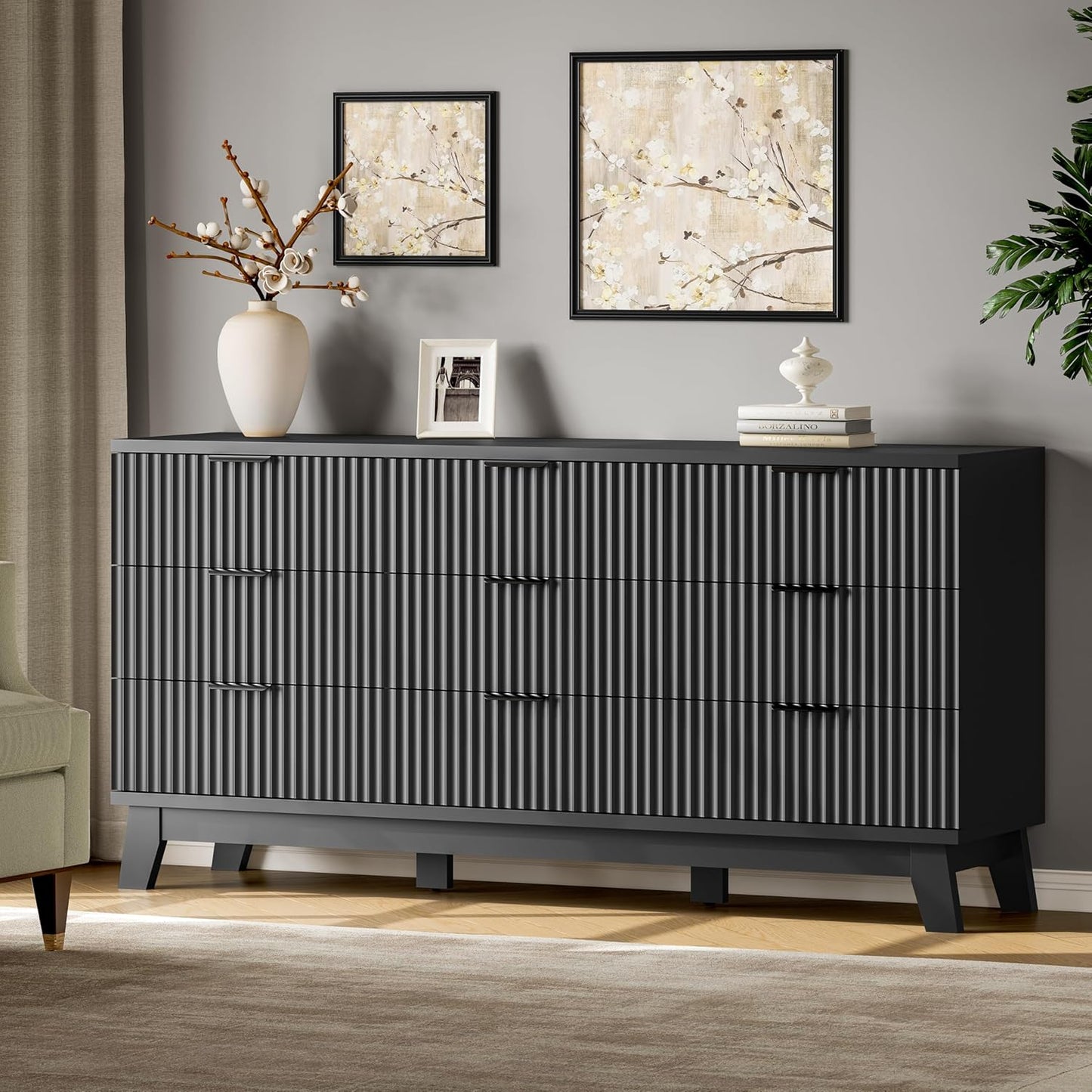 Fluted Dresser with 9 Drawers, 63" Wide Modern Chest of Drawers with Metal Handle, Wooden Dresser TV Stand, Wood Closet Clothes Storage Organizer for Bedroom, Living Room, Hallway, Solid Black