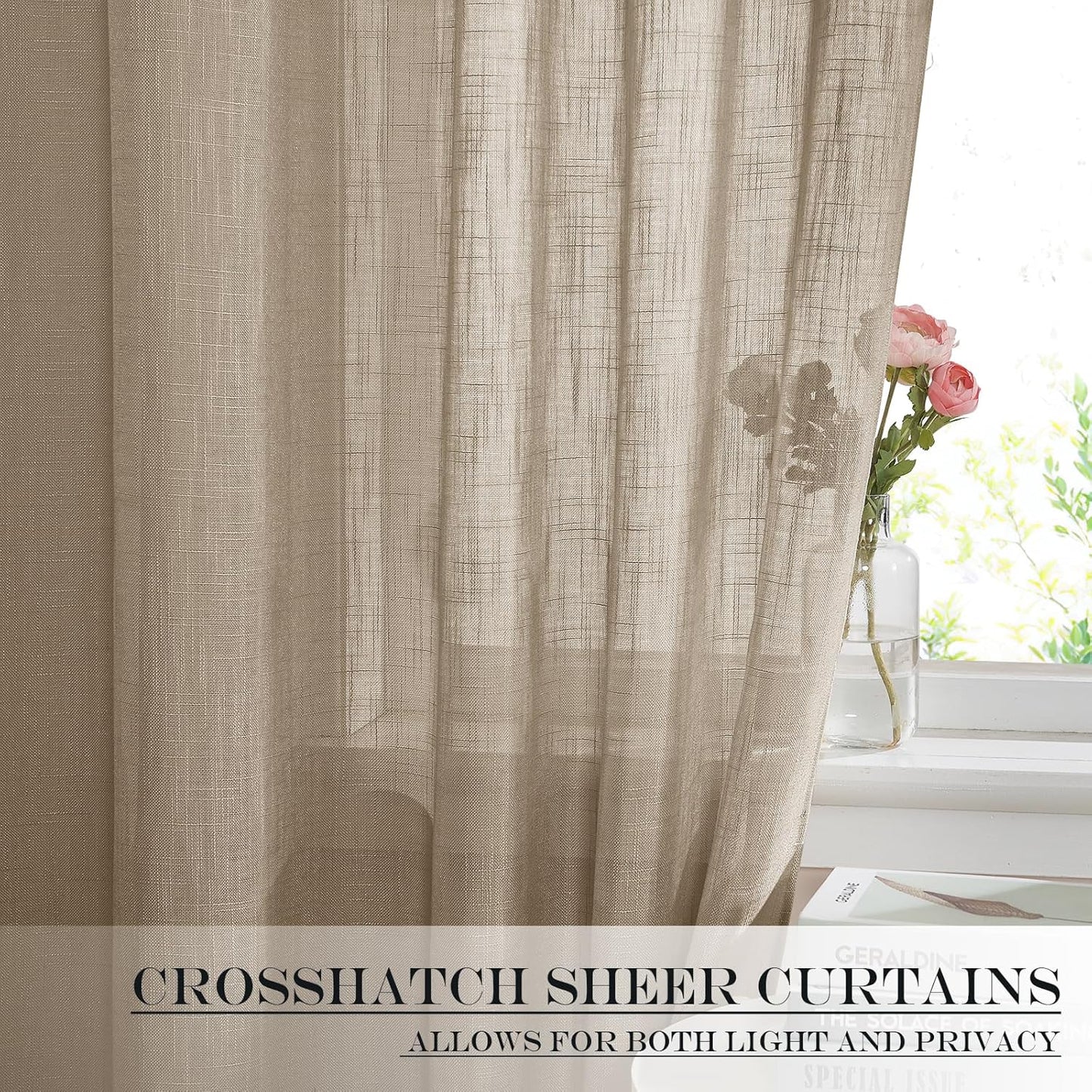 NICETOWN French Door Curtain Panel - Durable Faux Linen Casual Weave Sheer Front Door Window Covering, Privacy Light Filtering Semi Sheer Curtain with Tieback (Taupe, 1 Panel, 30" by 72")