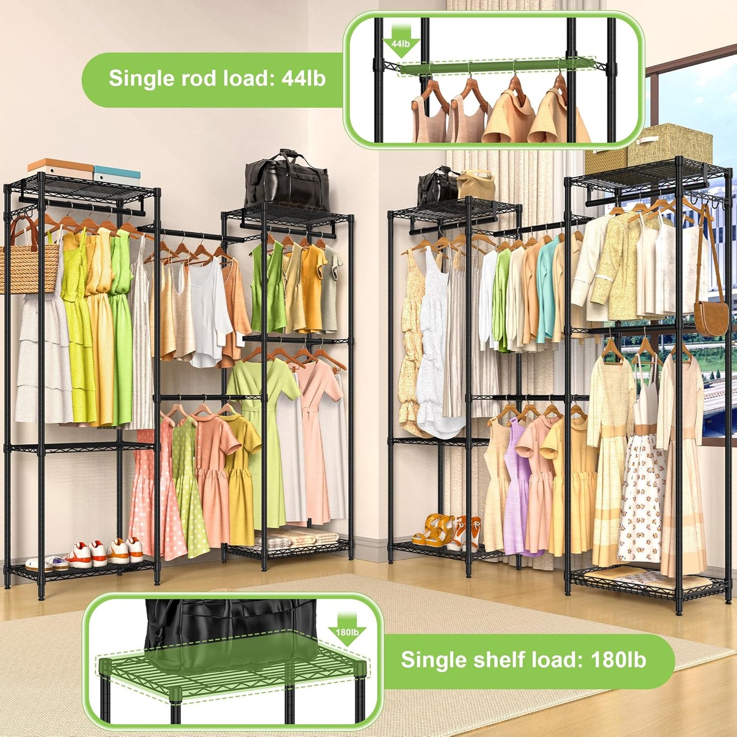 Heavy Duty Clothes Rack, Freestanding Garment Rack System Closet Organizer for Hanging Clothes, Metal Wire Clothing Rack with 5 Shelves & 5 Rods,Adjustable Wardrobe Shelf,Black