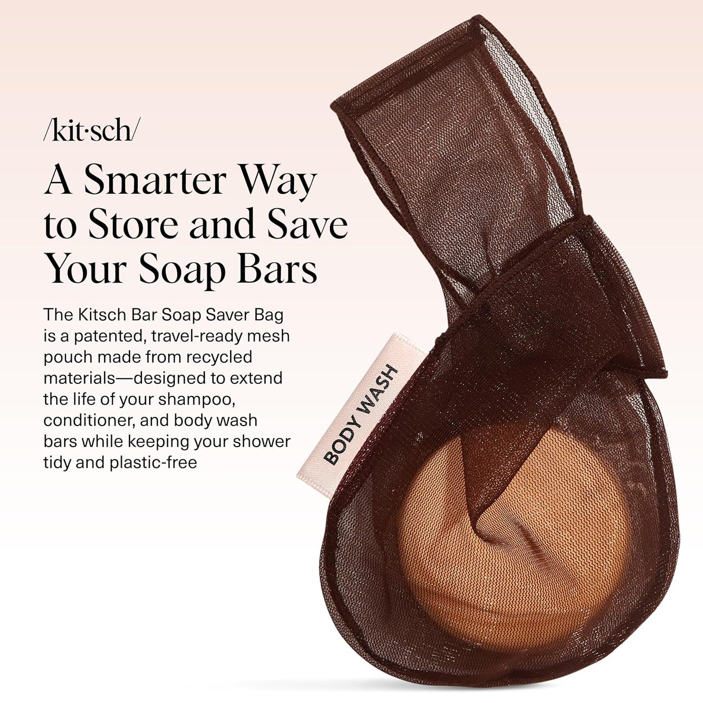 Kitsch Bar Soap Saver Bag – Patented Mesh Bag Soap Holder for Body Wash Bar - Extends Use & Prevents Soggy Mess - Recycled Mesh Beauty Pouch, Eco-Friendly – Chocolate