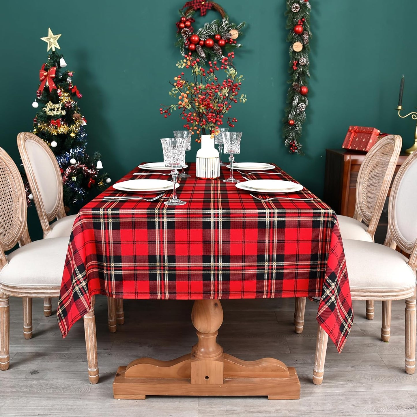 Tartan Waterproof Christmas Plaid Tablecloth Fabric - Red Oblong 52x70 Inch Classic Buffalo Tartan Festive Table Cloth for Indoor Use - New Year Tabletop Cover for Dinner, BBQs, and Parties