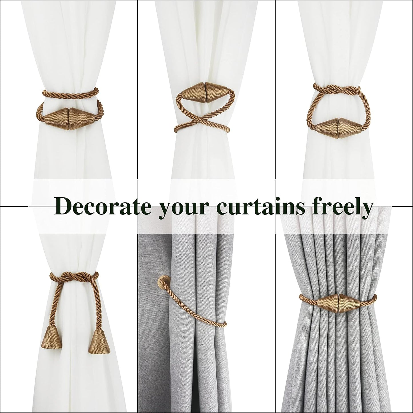 4 Pack Magnetic Curtain Tiebacks Rope Modern Handmade Curtain Tie Backs Decorative Drapes Weave Holdbacks for Window Décor, Khaki