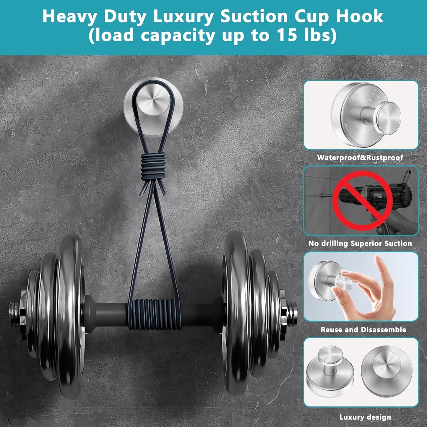 Suction Cup Hooks for Shower,Removable No Drill Towel Hooks,Upgraded 15 lbs Strong Suction hooks for Bathroom Tile,Shower Wall,Glass Door,Kitchen-Loofah,Coat,Stainless Waterproof-Silver 4 Pcs