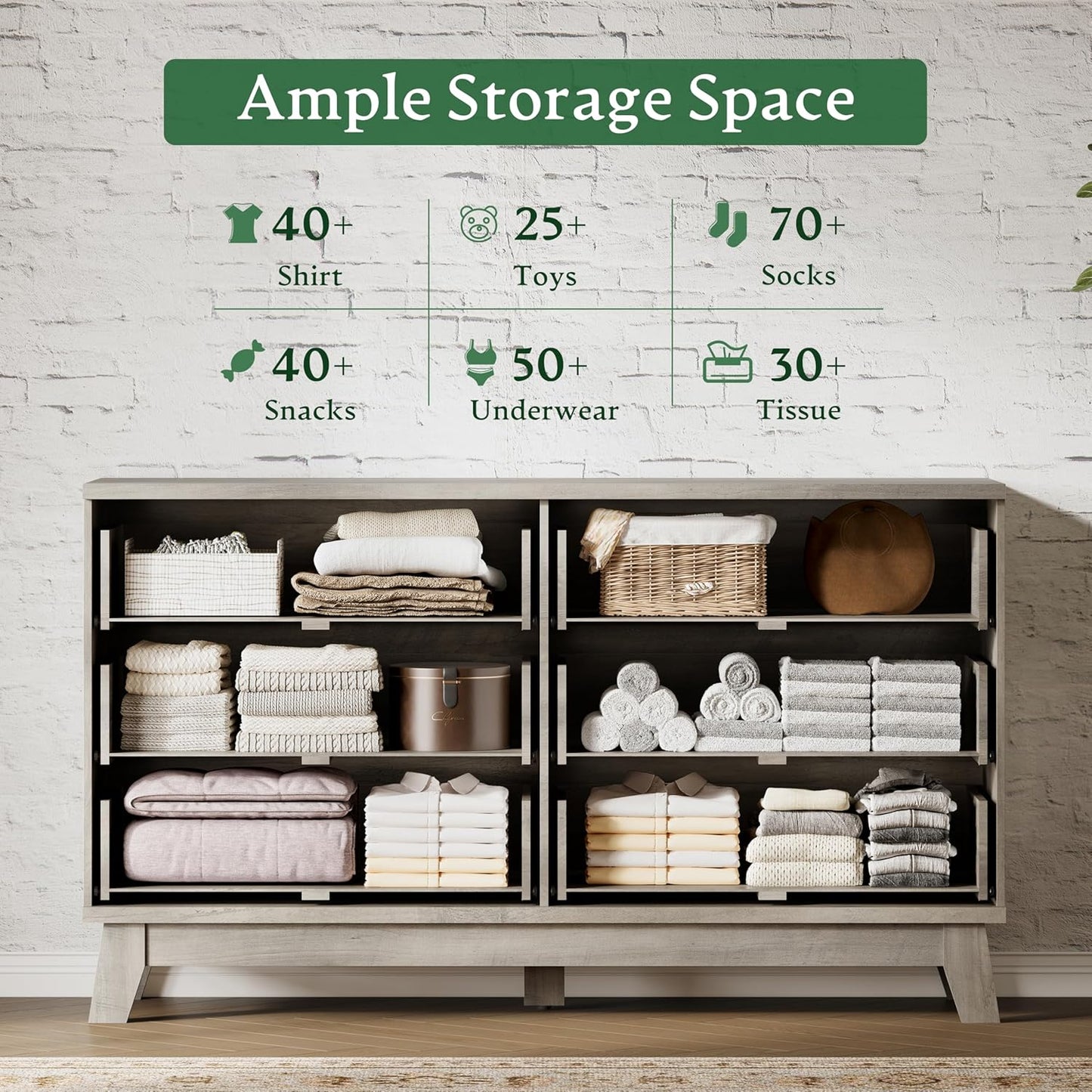 Fluted Dresser with 6 Drawers, 54" Wide Modern Chest of Drawers with Metal Handle, Wooden Dresser TV Stand, Wood Closet Clothes Storage Organizer for Bedroom, Living Room, Hallway, Light Grey