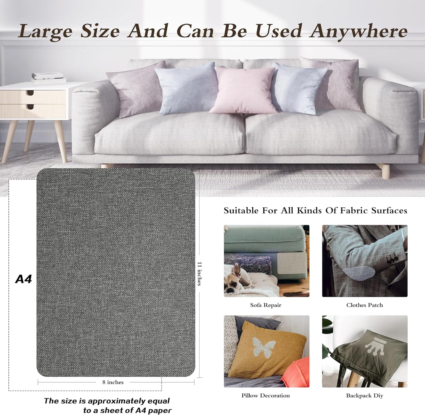 KING MOUNTAIN Fine Linen Repair Patches, Self-Adhesive Linen Fabric Patches, 8X11 inch Extra Size, Multi Color, Can be Used for Linen Sofa Repair and Linen Clothes Repair(8" x 11",Medium Grey 1.0)