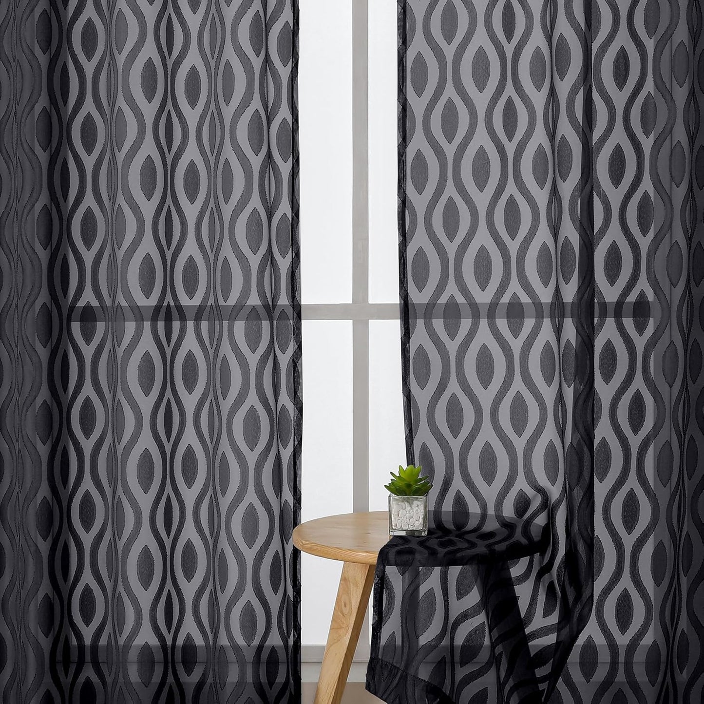 Aiyufeng Black Sheer Curtains 63 Inch Length 2 Panels Set, Solid Airy Light Filtering Voile for Bedroom Living Room, Modern Wavy Line Privacy Farmhouse Curtains, 40" W X 63" L