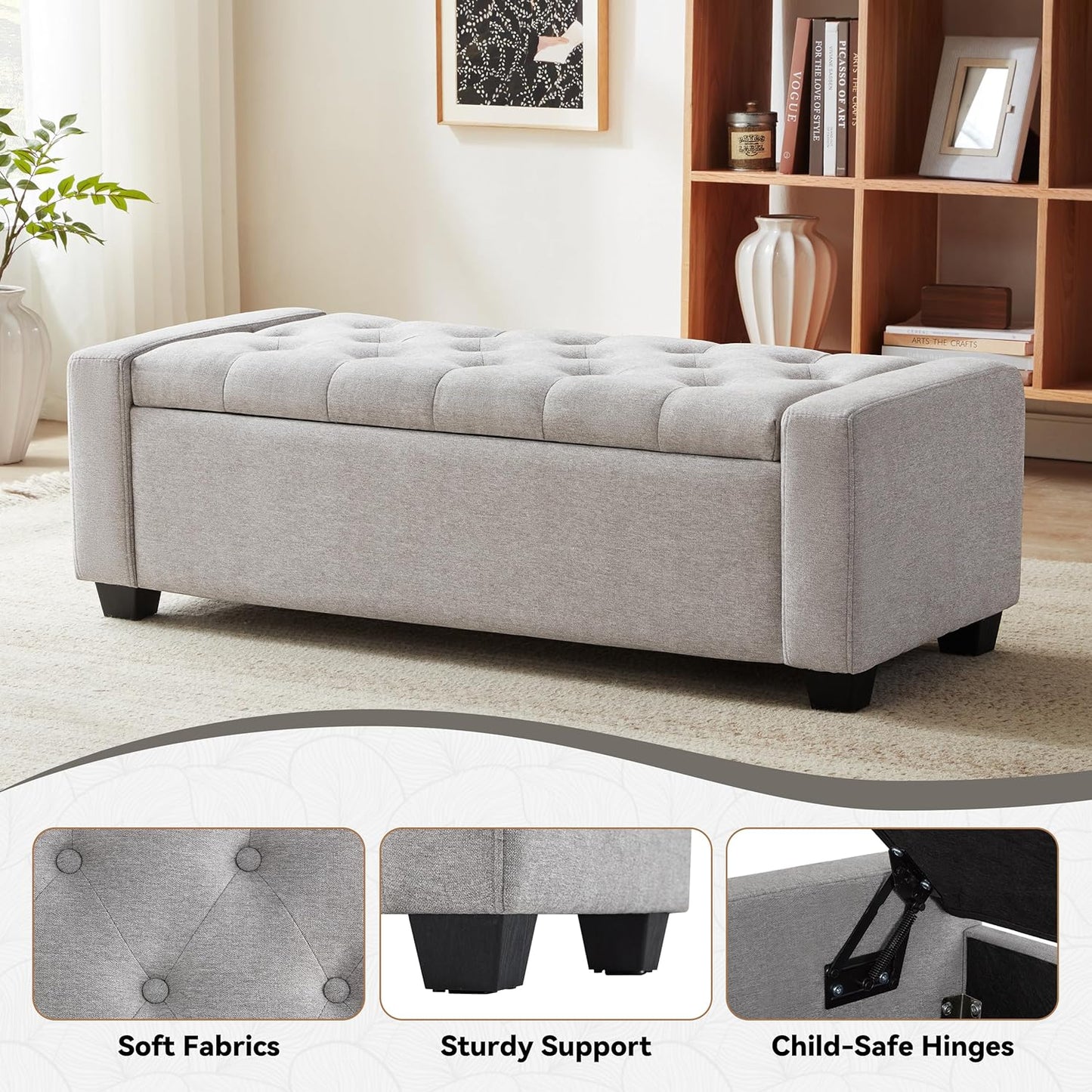 48" Ottoman with Storage, Large Storage Ottoman Bench for Bedroom with Safety Hinge, Upholstered Window Benches, End of Bed Bench for Living Room, Entryway Bench with Seating, LightGray