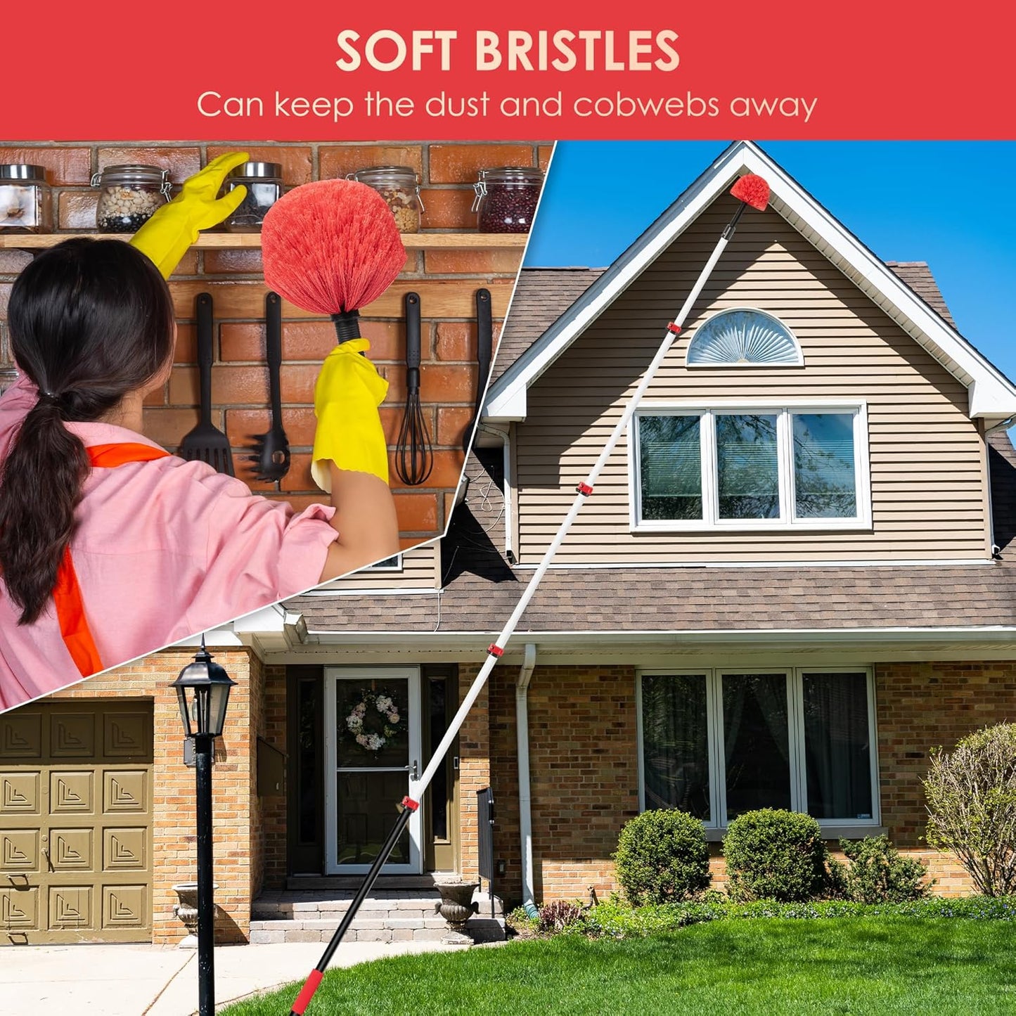 6-24 FT Cobweb Duster with Extension Pole, 30 FT High Reach Spider Web Brush with Telescopic Pole, Extendable Duster with 2 Outdoor Cobweb Brushes, Duster for High Ceiling