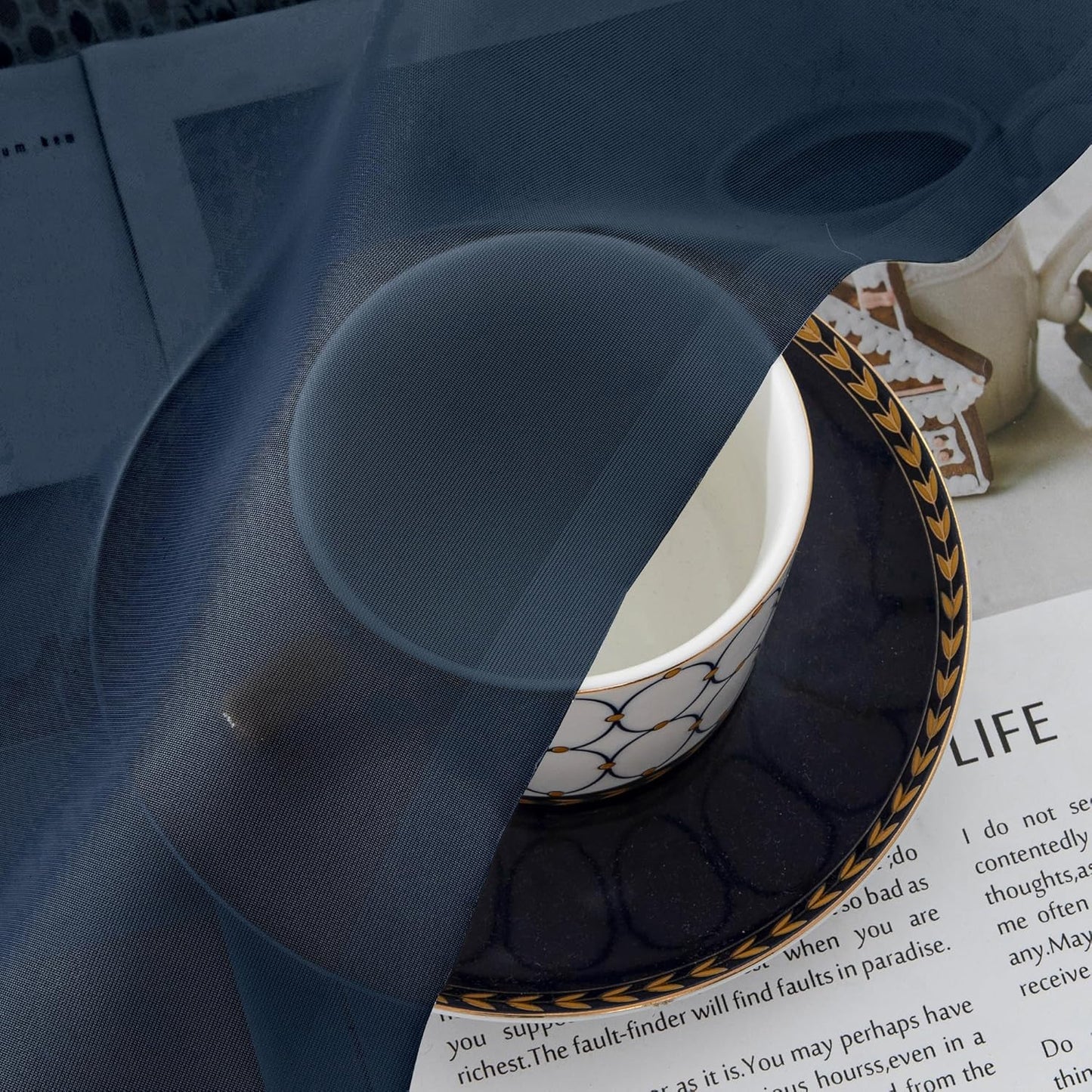 Chyhomenyc Sheer Valances for Windows 2 Pack, Small Window Curtains for Living Room Bathroom Cafe Laundry Basement, Modern Top Dual Rod Pocket Voile Curtain, 42W x 18L inches, Navy Blue