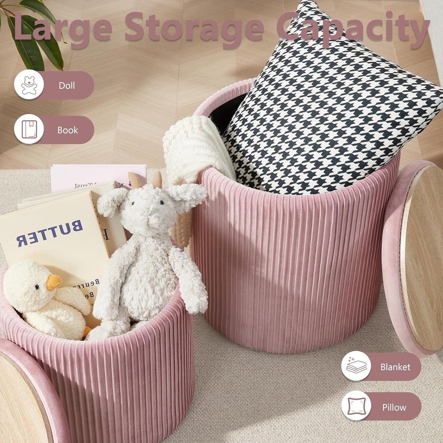 Round Ottoman with Storage Set of 2,Vanity Stool with Storage for Bedroom, Ottoman Coffee Table,Small Velvet Foot Stool for Living Room, Pink