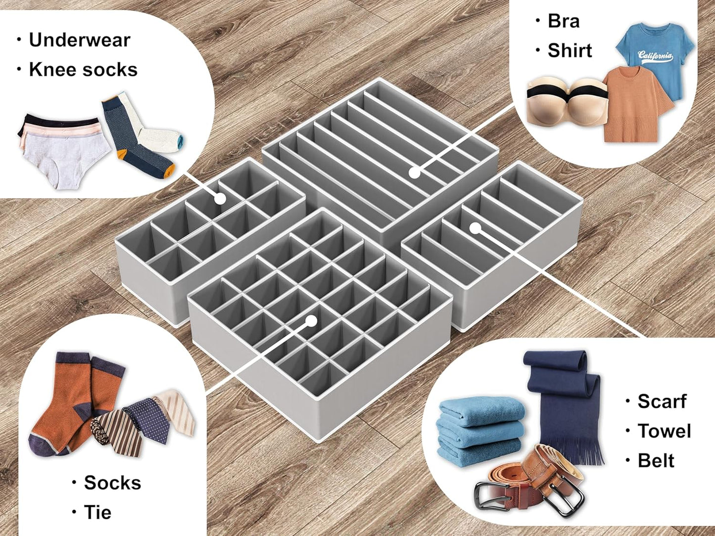 Simple Houseware 4-Pack Drawer Organizer Set - Closet Dividers for Underwear, Socks, Bras, Scarves, Ties - Foldable Non-Woven Storage Boxes, Gray
