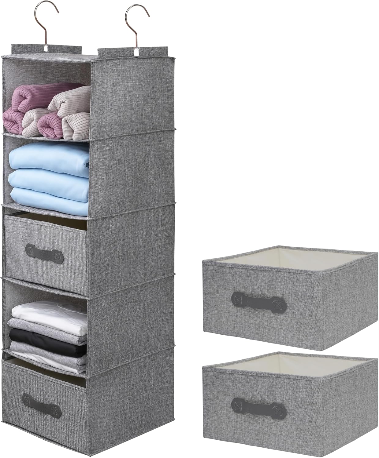 Large Hanging Sweater Organizer for Closet,Collapsible 6-Shelf Hanging Closet Shelves with Drawers, Washable (Grey-5 Shelf-2 d)