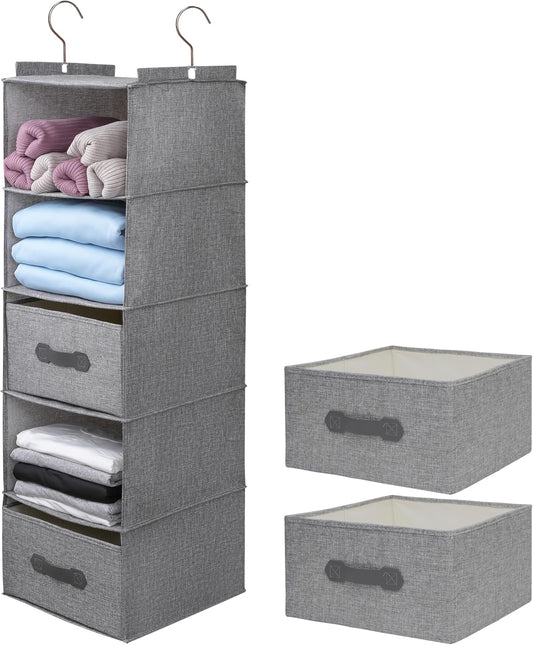 Large Hanging Sweater Organizer for Closet,Collapsible 6-Shelf Hanging Closet Shelves with Drawers, Washable (Grey-5 Shelf-2 d)