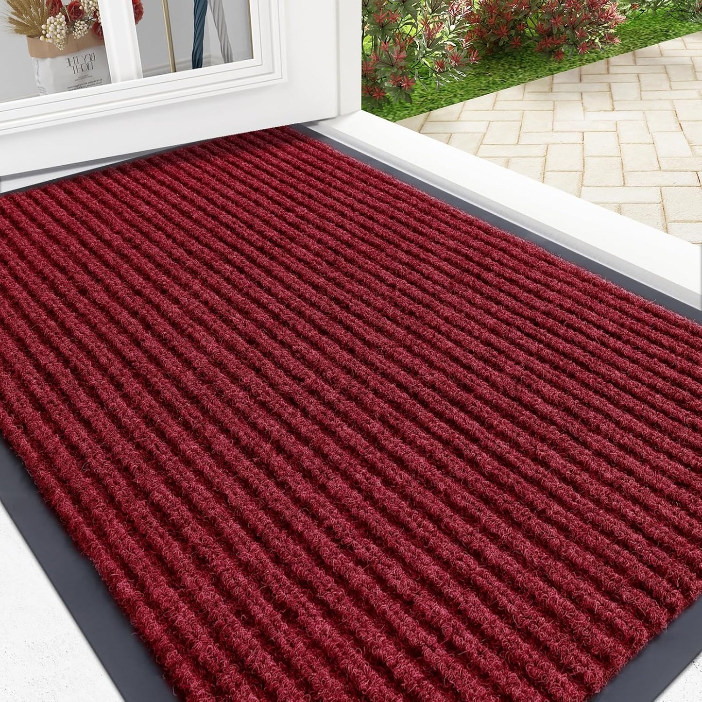 OLANLY Front Door Mat Indoor Outdoor Entrance, Waterproof Heavy Duty Doormat, Fade Resistant, Low Profile, Easy Clean Patio Porch Welcome Floor Mats for Entry, 33x21, Wine Red