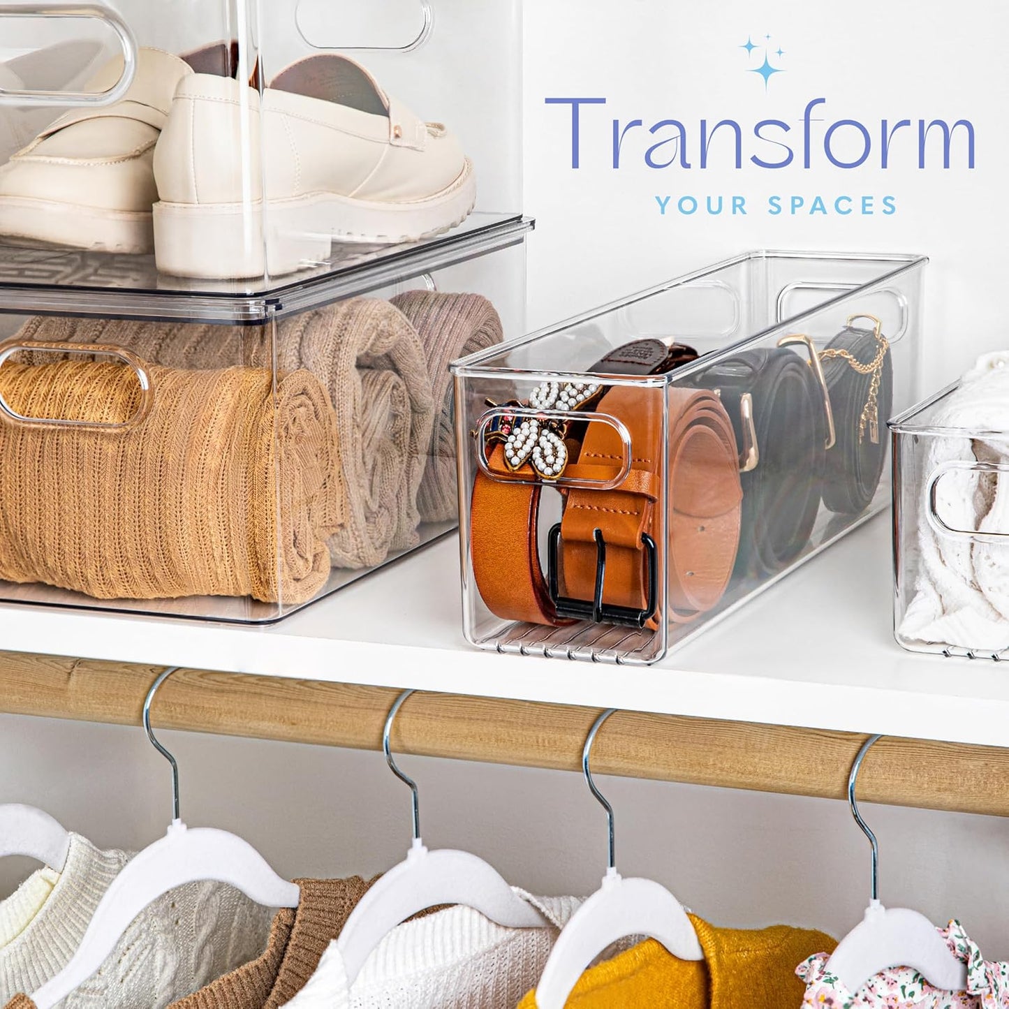 Plastic Food Storage Clear Container Bin with Handles for Organizing Kitchen, Pantry, Refrigerator, Freezer, Pantry, Cabinet, Closet, Bathroom. 14”x4”x5”