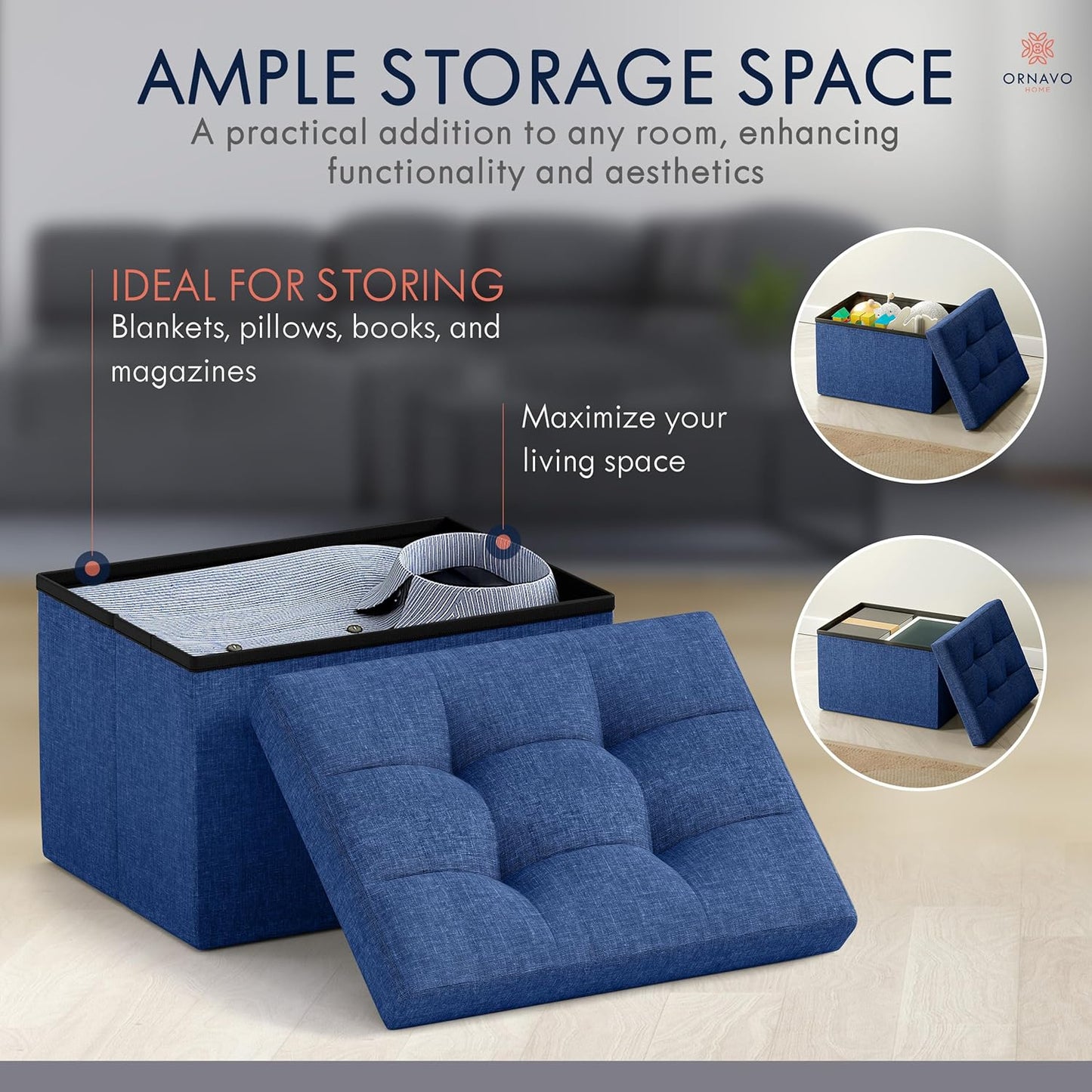 Ornavo Home Small Storage Ottoman, Set of 2, Foldable Collapsible Rectangle Linen Ottoman Foot Rest Stool Seat, for Living Room, Bedroom, Home Office, Dorm - 12 x 16 x 12, Navy Blue