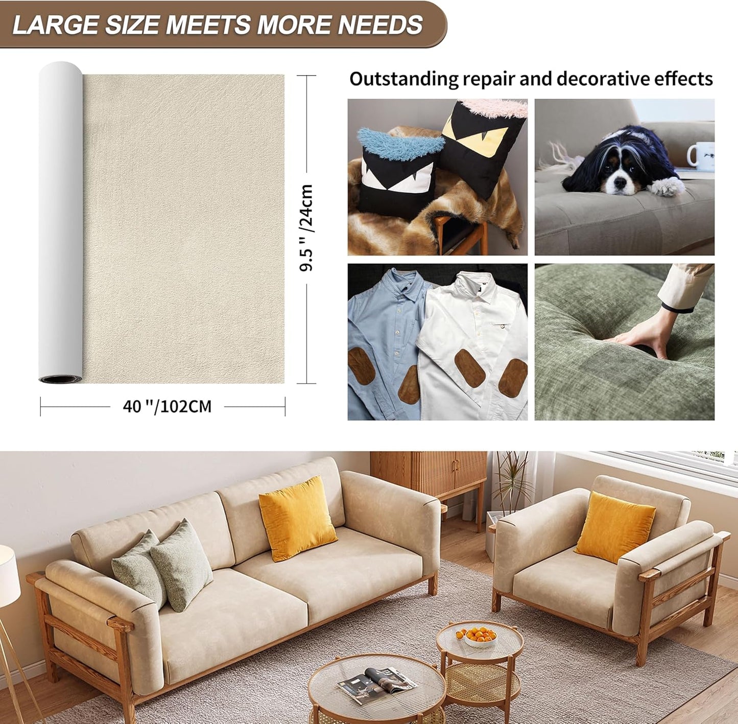 Velvet Repair Patch, Self-Adhesive Flannel Fabric Patch, Multi Colors, Microfiber Patch，Can be Used to Patch Sofas, Car Seats, Handbags, Jacket Holes and Tears (Khaki)