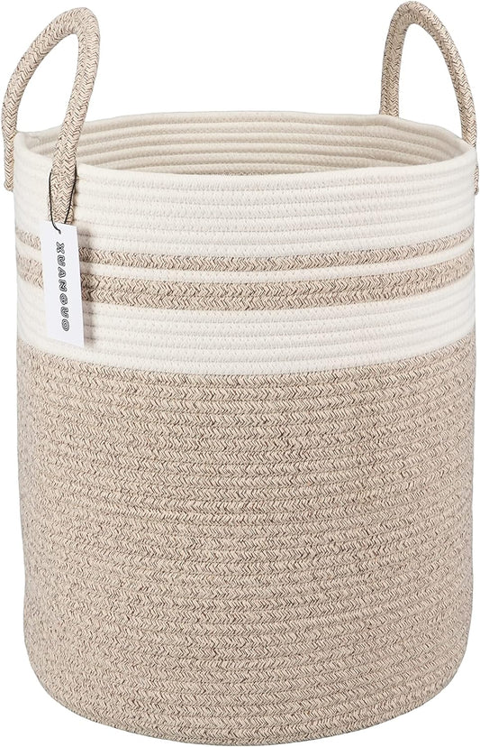 Cotton Rope Laundry Basket Hamper for Clothes Woven Storage Basket for Living Room Bedroom Boho Tall Rope Baskets for Blanket Toys Pillow Towels Baby Nursery Hamper Bin Large brown and white