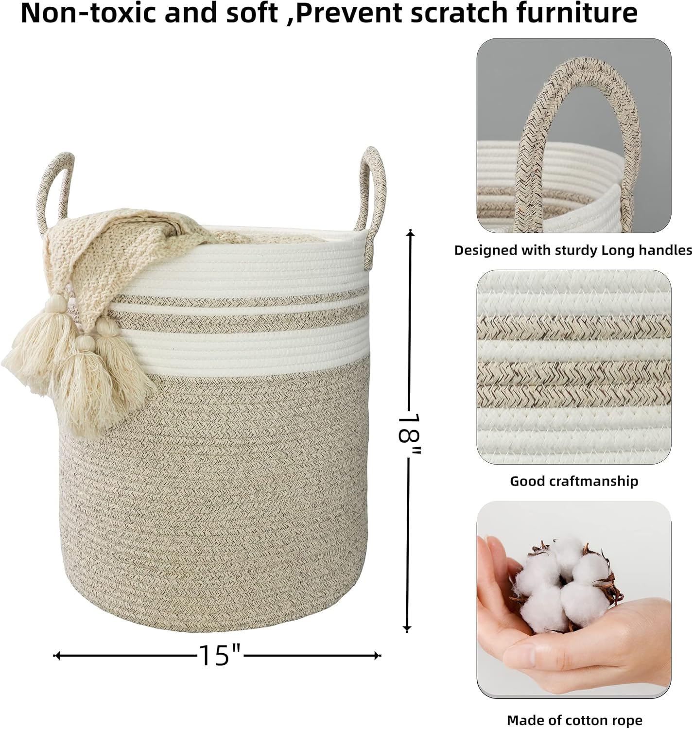 Cotton Rope Laundry Basket Hamper for Clothes Woven Storage Basket for Living Room Bedroom Boho Tall Rope Baskets for Blanket Toys Pillow Towels Baby Nursery Hamper Bin Large brown and white