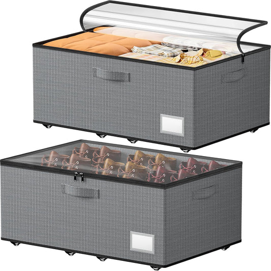 Underbed Storage with Wheels, 2 Pack Under Bed Storage Containers with Clear Lids, No Assembly Required 10.1 inch Rolling Under Bed Storage for Clothes, Grey