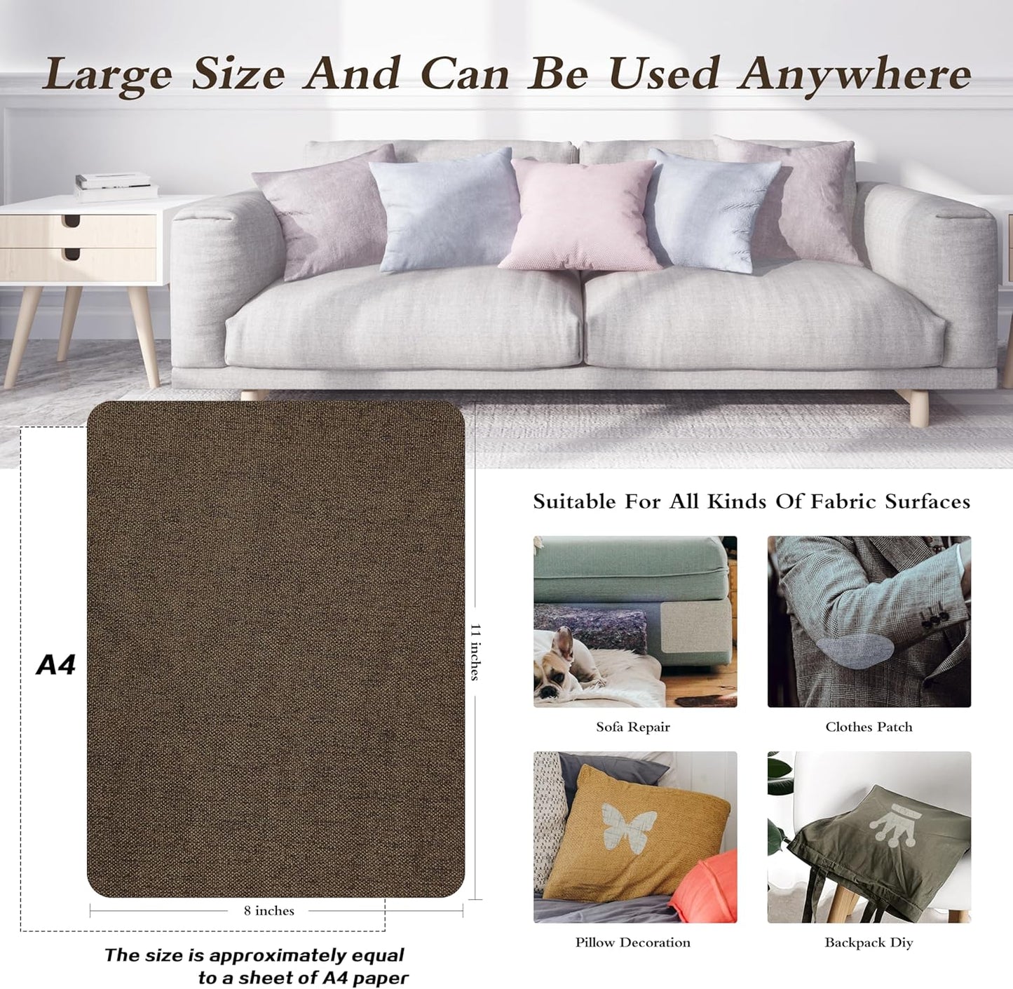 KING MOUNTAIN Fine Linen Repair Patches, Self-Adhesive Linen Fabric Patches, 8X11 inch 2 PCS, Multi Color, Can be Used for Linen Sofa Repair and Linen Clothes Repair(Dark Brown,8" x 11"-2PCS)