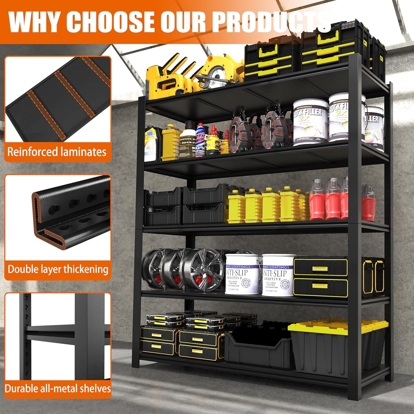 84“H Garage Shelving Heavy Duty Storage Shelves 3000 LBS Adjustable 5 Tier Metal Shelving Uints and Storage for Garage, Warehouse, Commercial, 48" W x 24" D x 84" H, 2 Packs