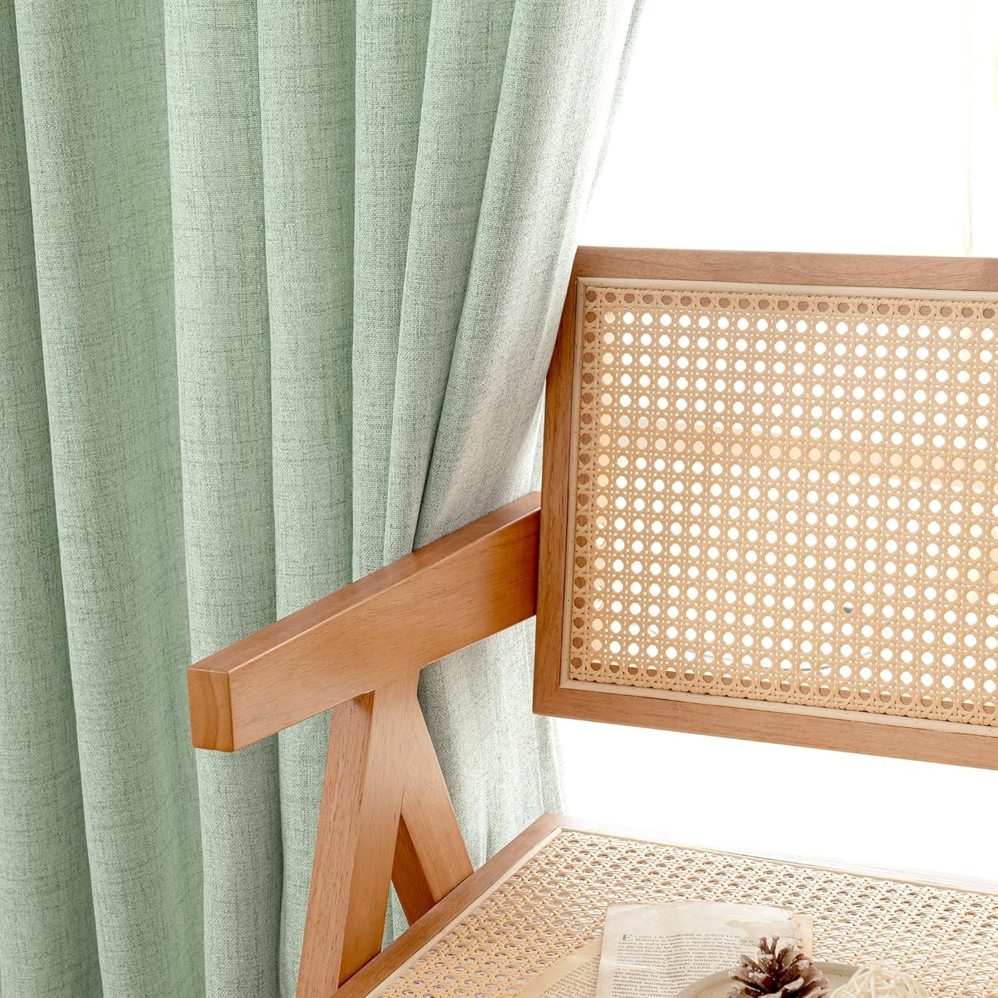 YoungsTex Light Green Linen Semi Sheer Curtains 84 Inch Length 2 Panels for Living Room, Sage Boho Light Filtering Drapes with Back Tab Rod Pocket Window Treatments for Dining Bedroom, 52 X 84 Inch