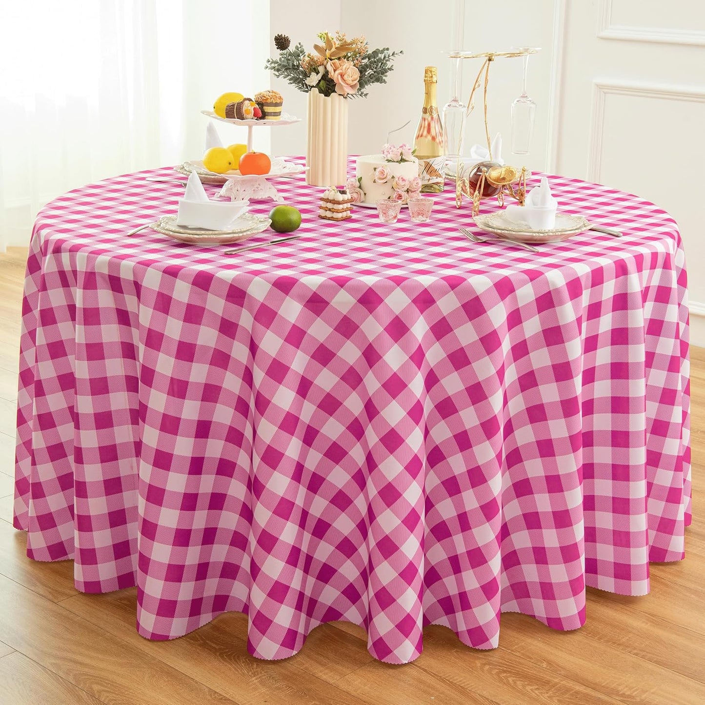 Waterproof Plaid Tablecloth Fabric - Round 108 Inch Classic Gingham Checker Table Cloth for Indoor/Outdoor Use - Buffalo Table Cover for Picnics, BBQs, and Parties