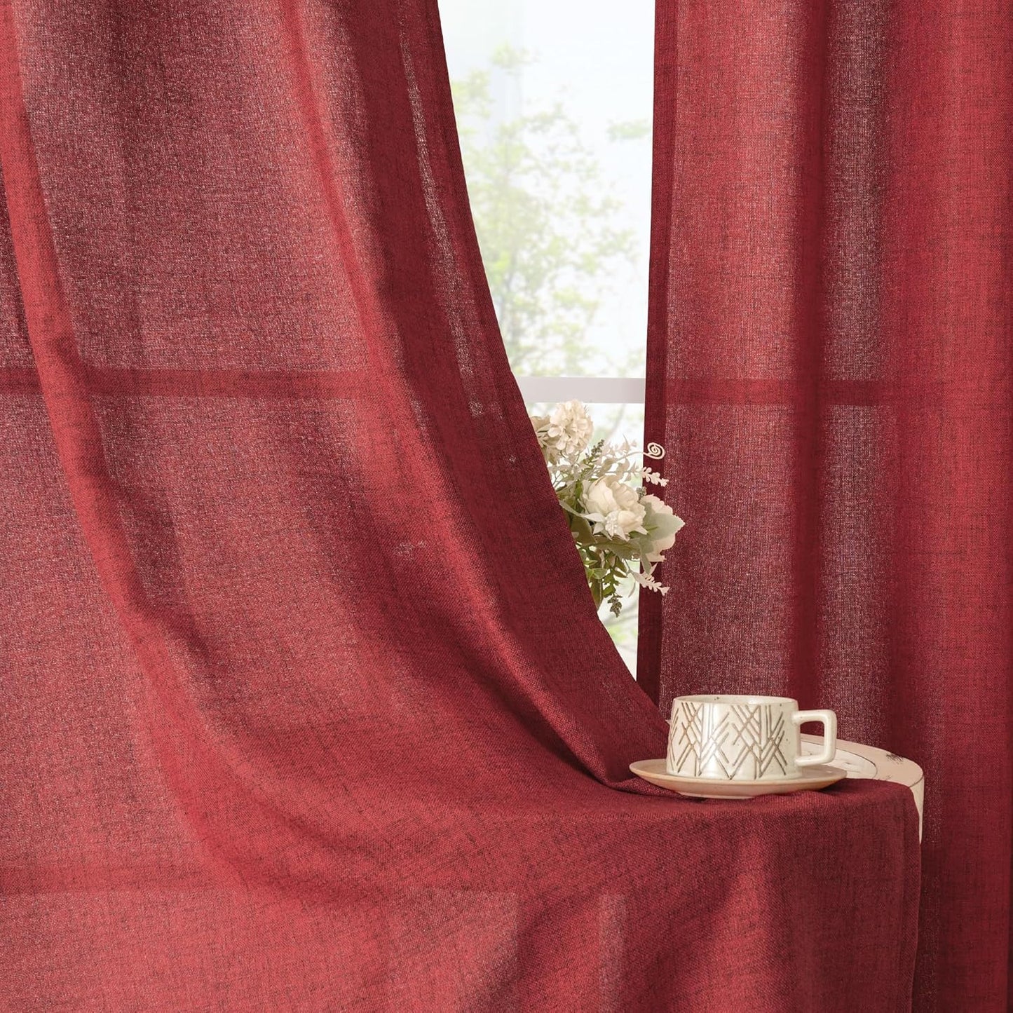 YoungsTex Red Linen Curtains 48 Inch Length for Kitchen, Short Semi Sheer Window Drapes with Rod Pocket Back Tab Light Filtering for Christmas Living Room Bedroom Bathroom, 2 Panels, 42 X 48 Inch