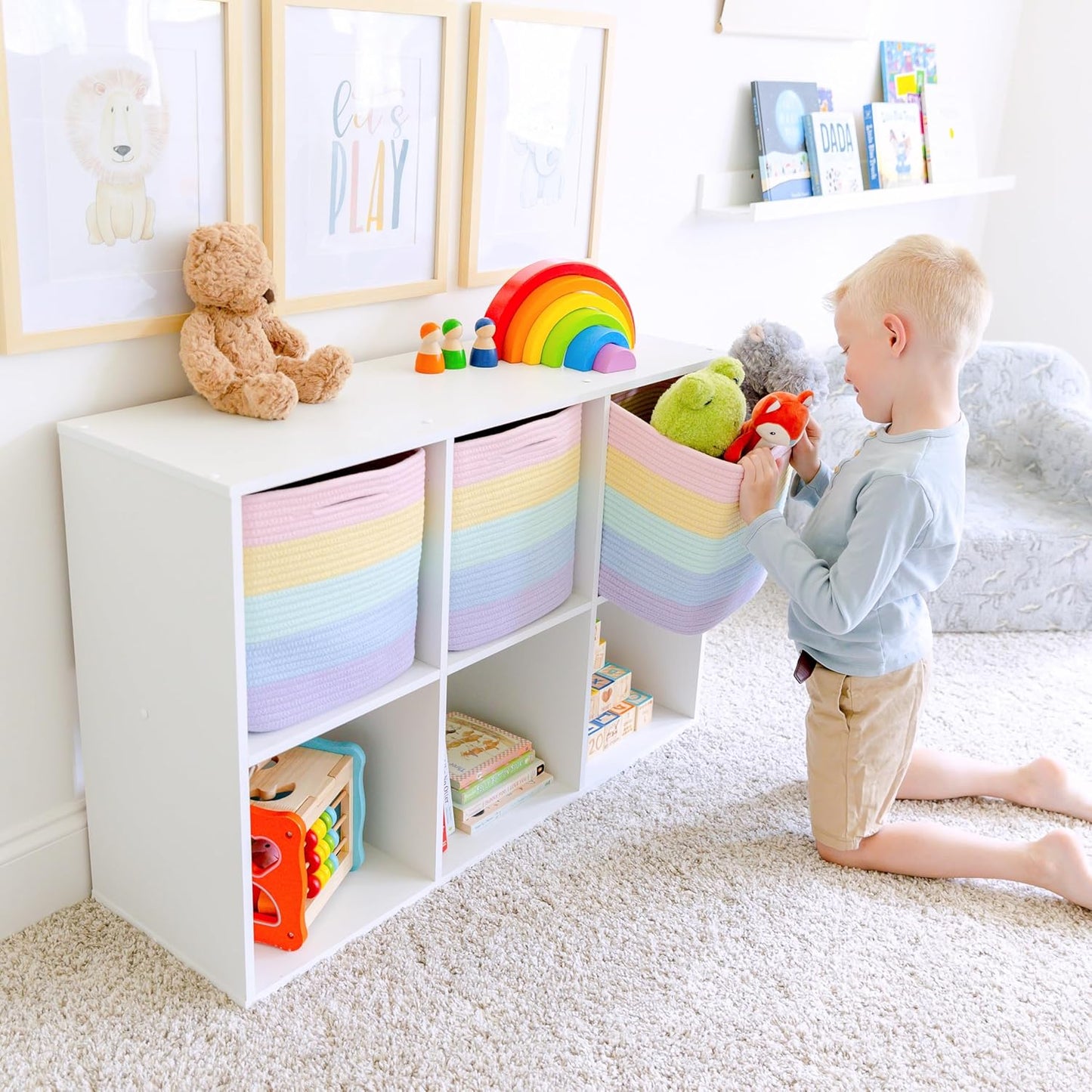 NaturalCozy Storage Cubes 11 Inch Cotton Rope Woven Baskets for Organizing, 3-Pack | Cube Storage Bin | Square Storage Baskets for Shelves Organizer, Classroom, Kids Toy Bins, Closet, Baby Nursery