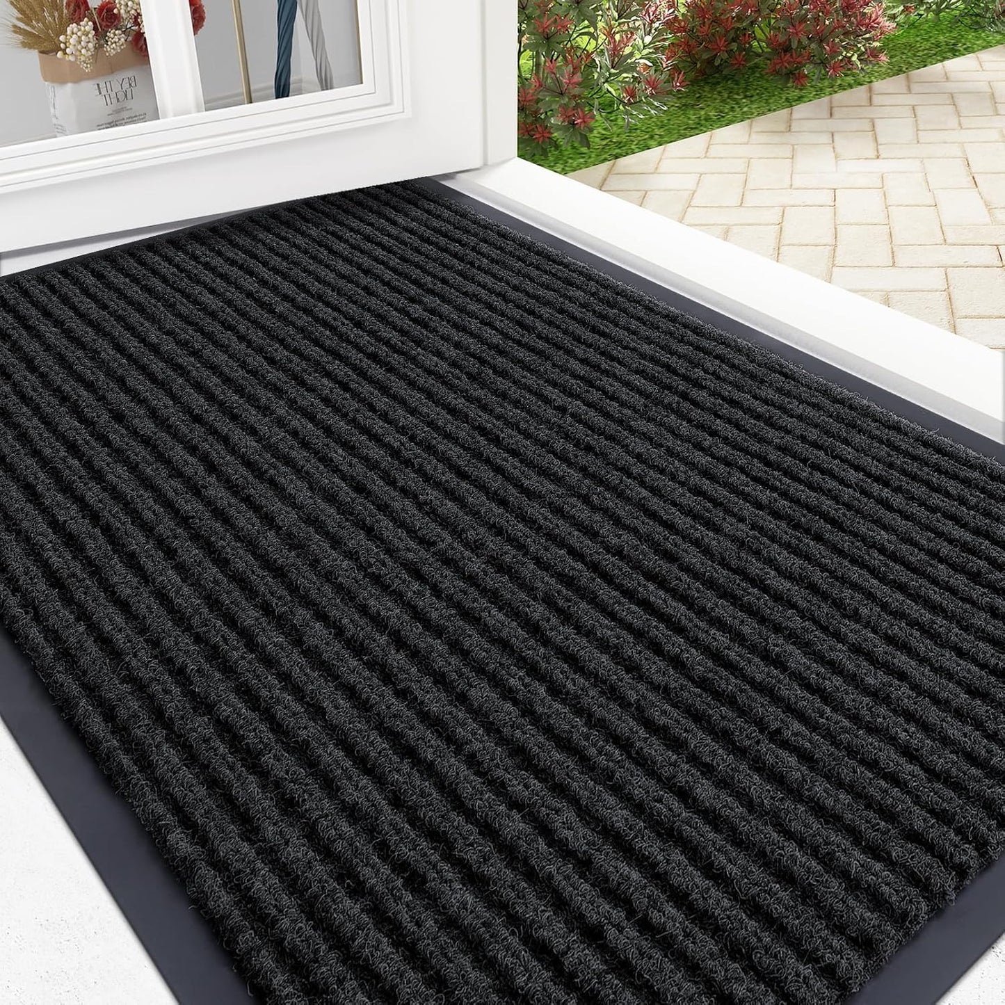 OLANLY Front Door Mat Indoor Outdoor Entrance, Waterproof Heavy Duty Doormat, Fade Resistant, Low Profile, Easy Clean Patio Porch Welcome Floor Mats for Entry, 33x21, Black